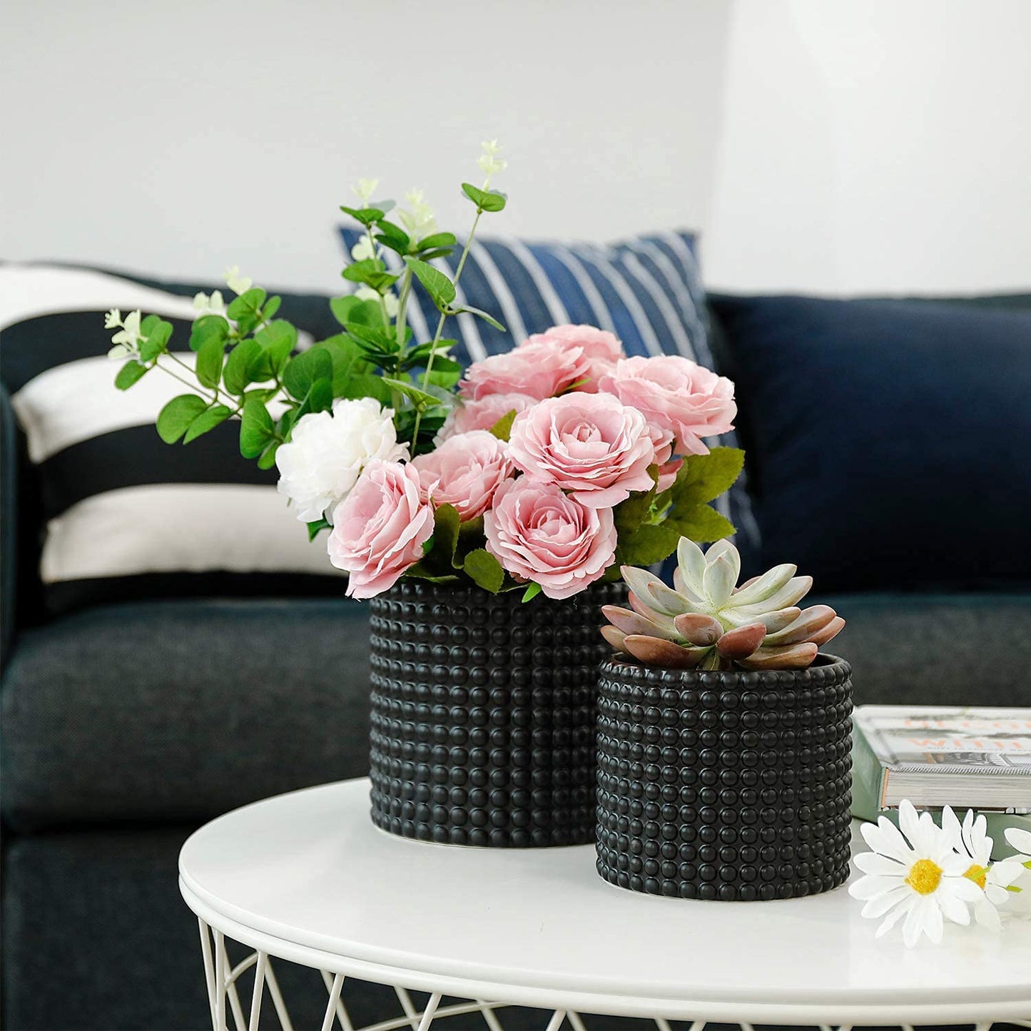 Black Ceramic Vintage Style Hobnail Patterned Planter Pots 6 and 5 Inch Containers with Watering Drain Plug for Indoor Succulent Plants or Flowers