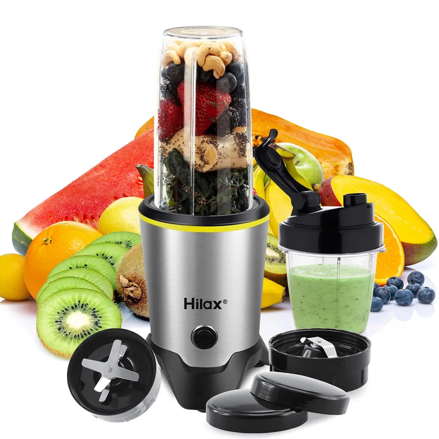 Portable blender with fruits and two jars for shakes and smoothies, powerful 1200W motor, BPA-free, silver.