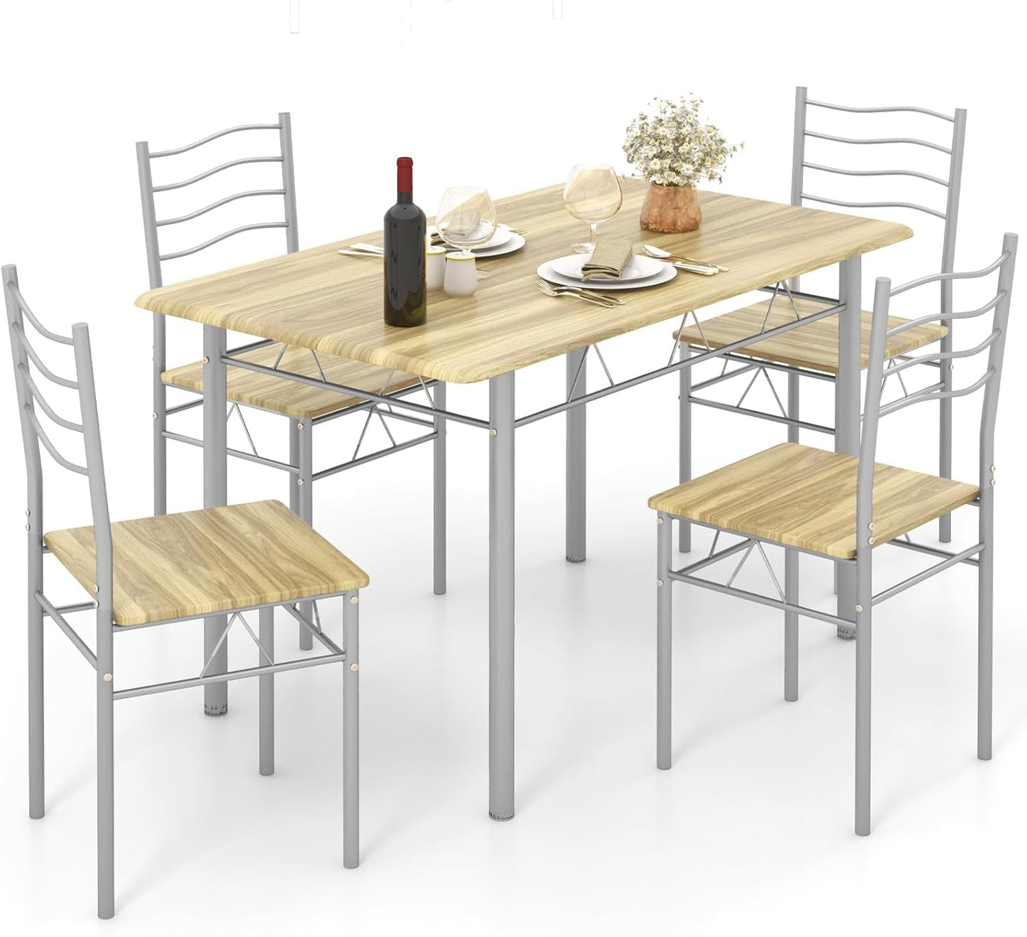 Space-saving dinette table set for 4 with natural wood finish and sleek metal frame.