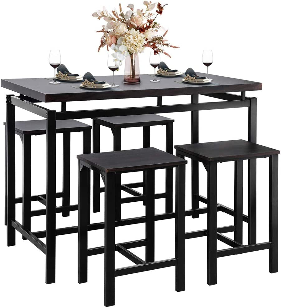 5-piece wooden bar height dining table set with stools for dining room.