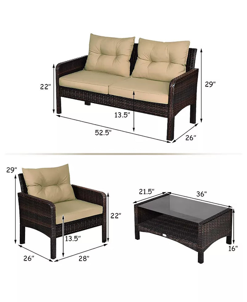 4PCS Rattan Patio Furniture Set with Loveseat Sofa Chairs Coffee Table