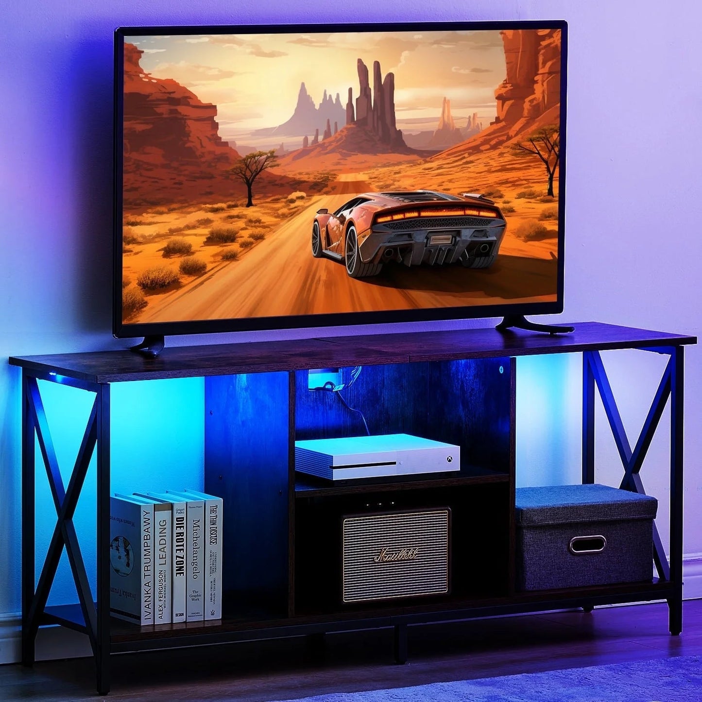 TV stand for up to 65-inch TV with LED lights and power outlets, black rustic design, open storage racks.