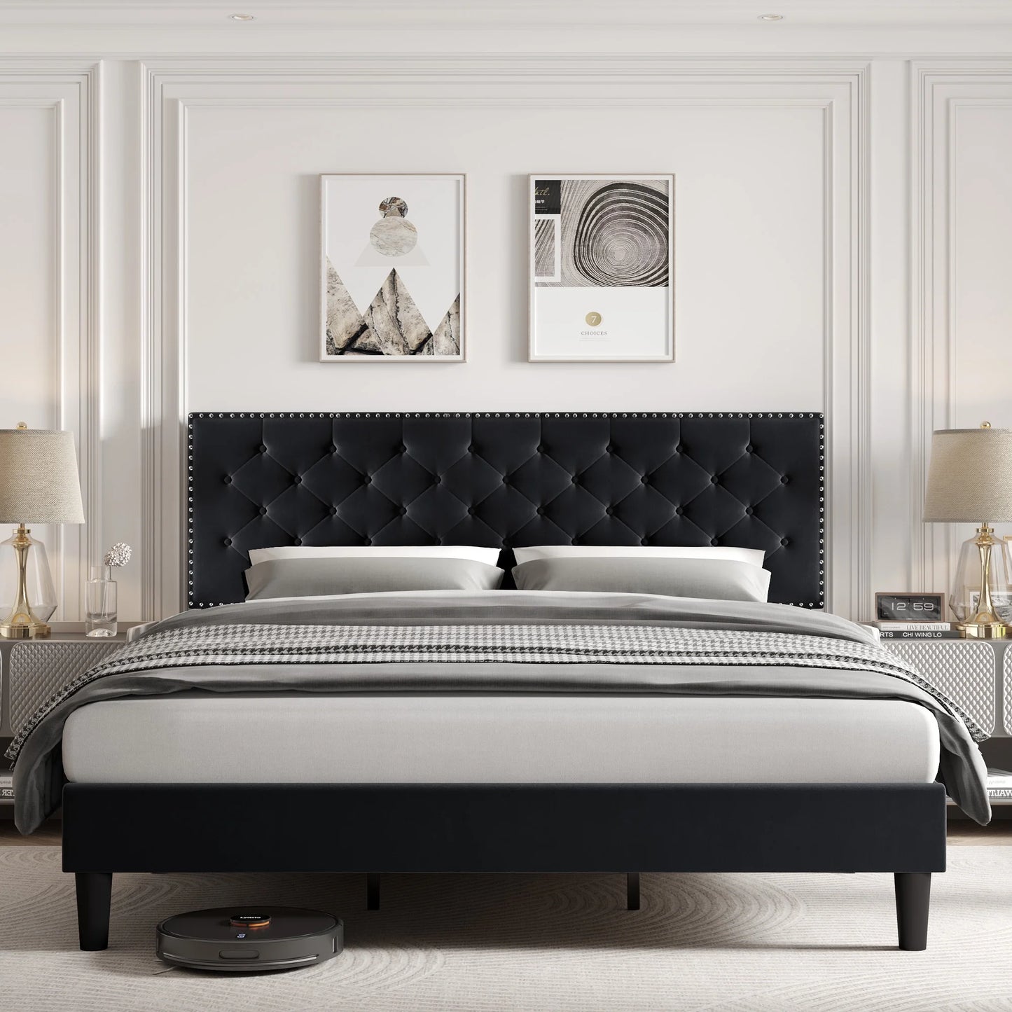 Queen Size Bed, Upholstered Bed Frame with Button Tufted Adjustable Headboard for Bedroom, Black