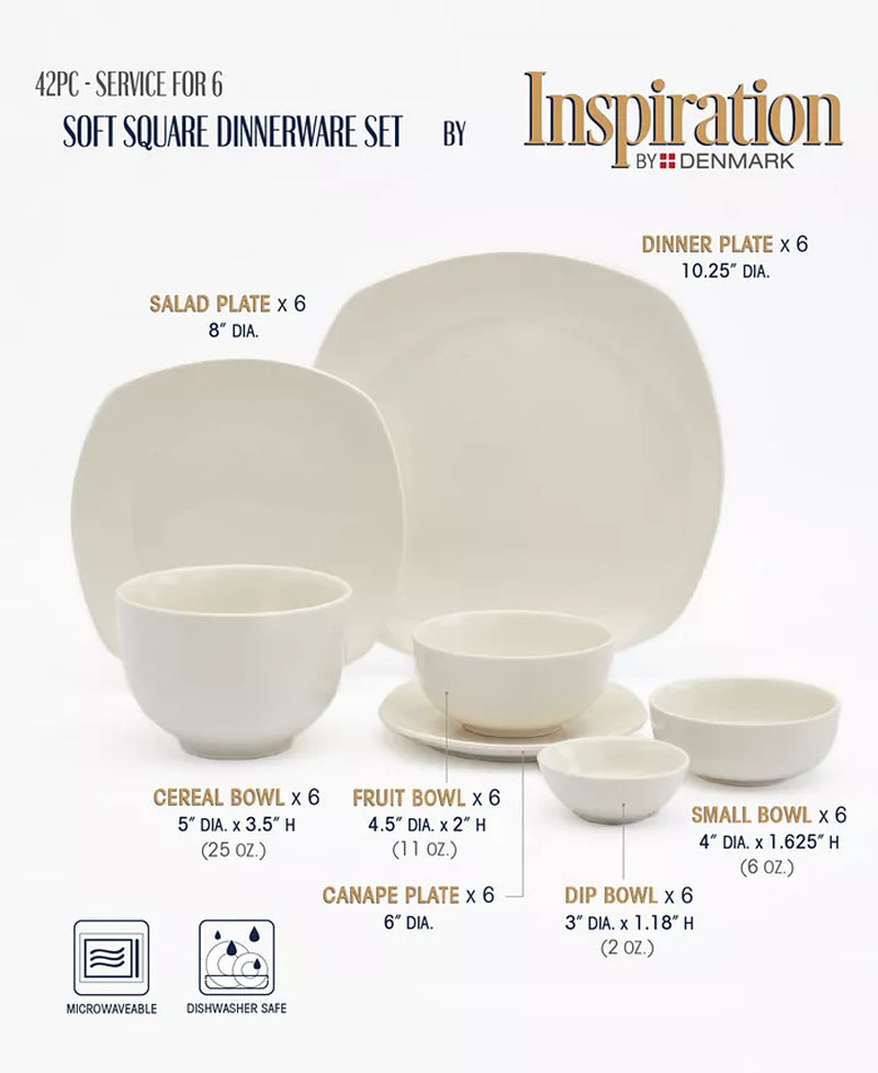 Inspiration by Denmark Soft Square 42 Pc. Dinnerware Set, Service for 6