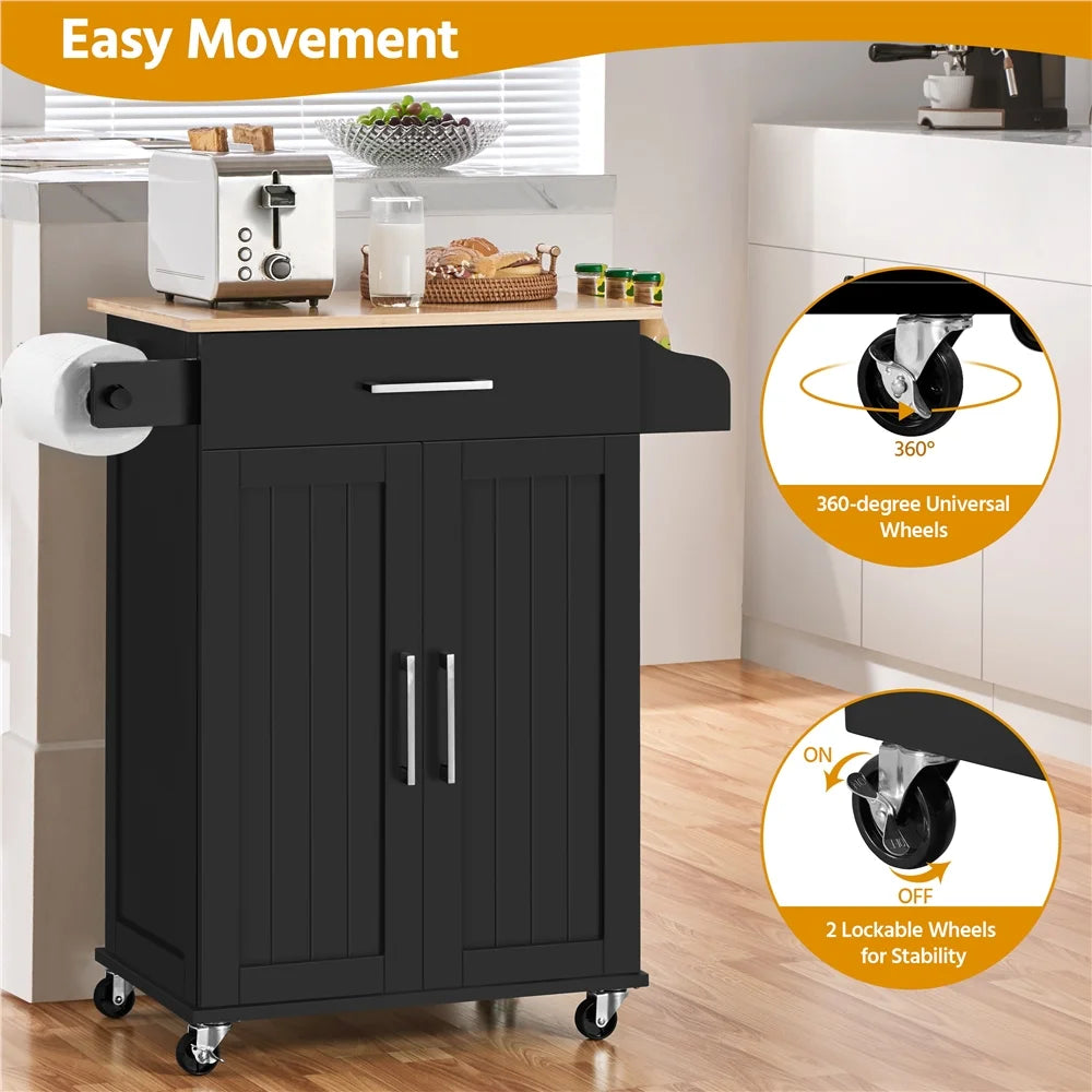 Rolling Kitchen Storage Carts with Towel Rack, MDF Black, 23.6 In