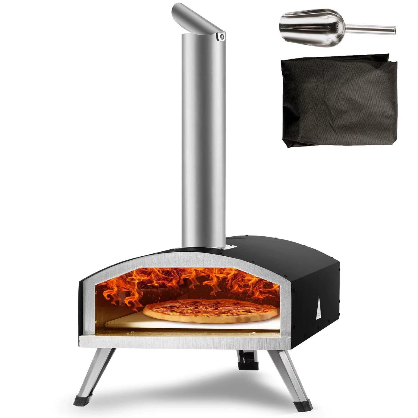 Portable 12-inch outdoor pizza oven, pellet and charcoal fired, stainless steel design.