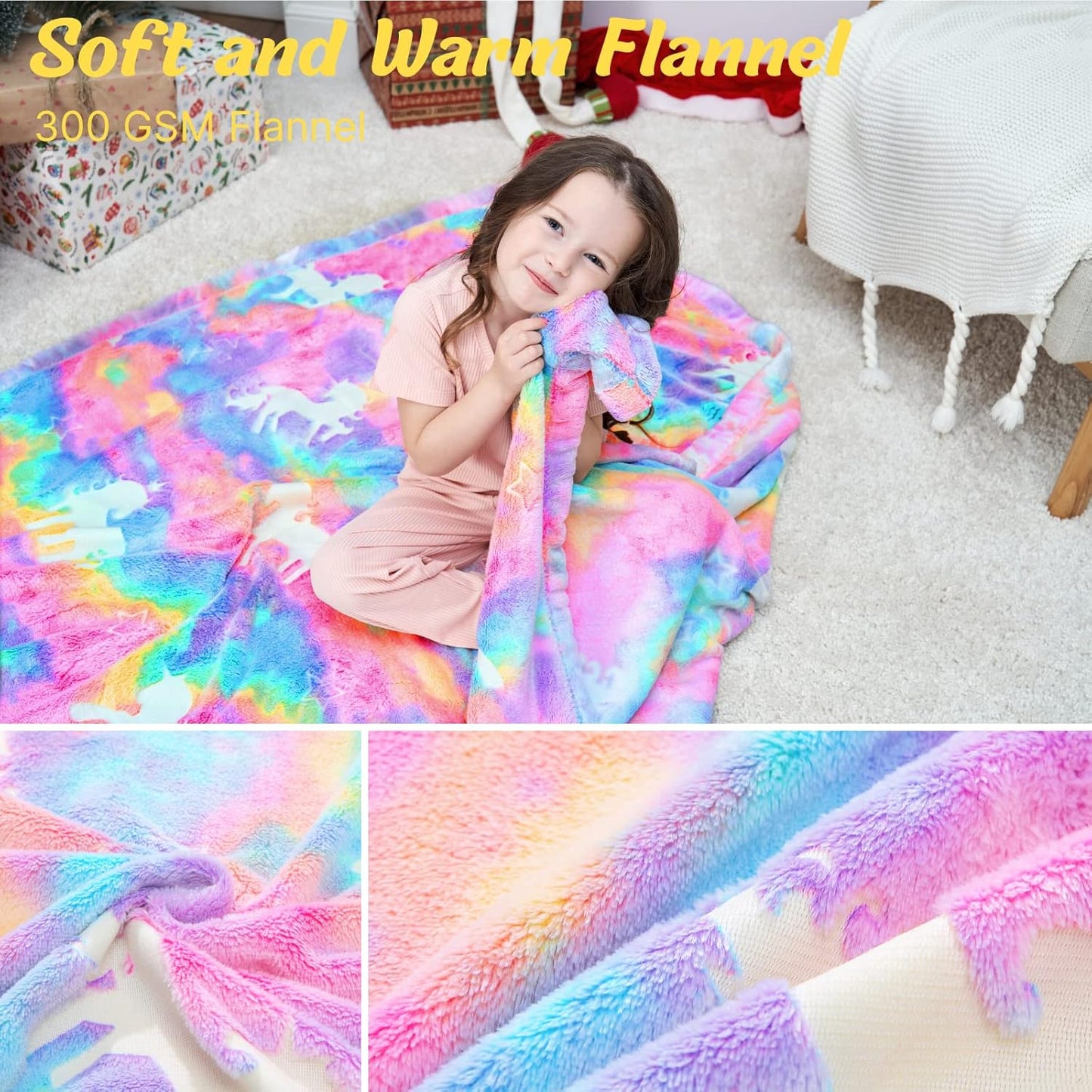 Rainbow Unicorn Glow in the Dark Blanket for Kids, Unicorn Blanket for Girls, Kids Blankets,Christmas Personalized Gifts for Kids, Girls Blankets and Throws, Soft Furry Fuzzy Plush Throw Blanket