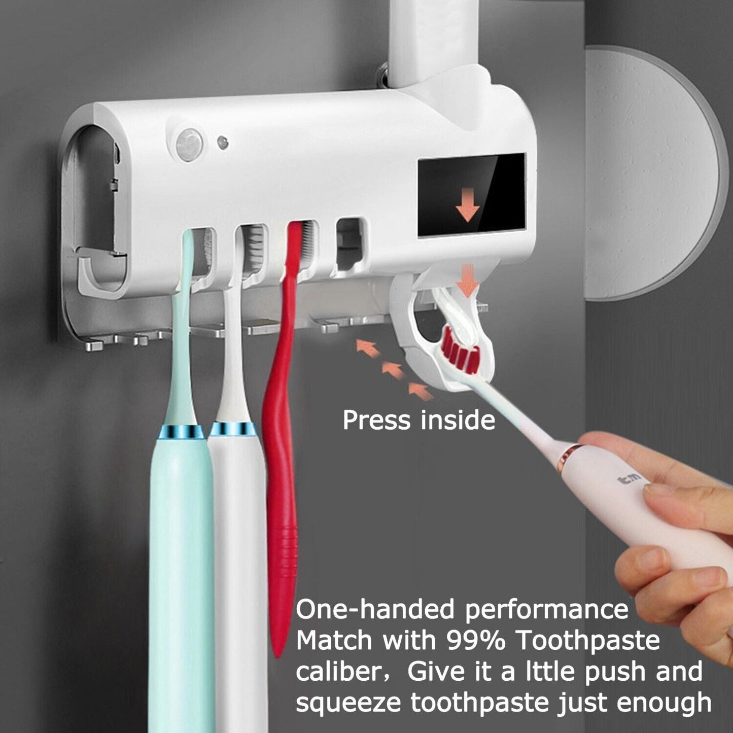 UV Light Sterilizer Toothbrush Holder Cleaner with Automatic Toothpaste Dispenser, wall-mounted, compact design.
