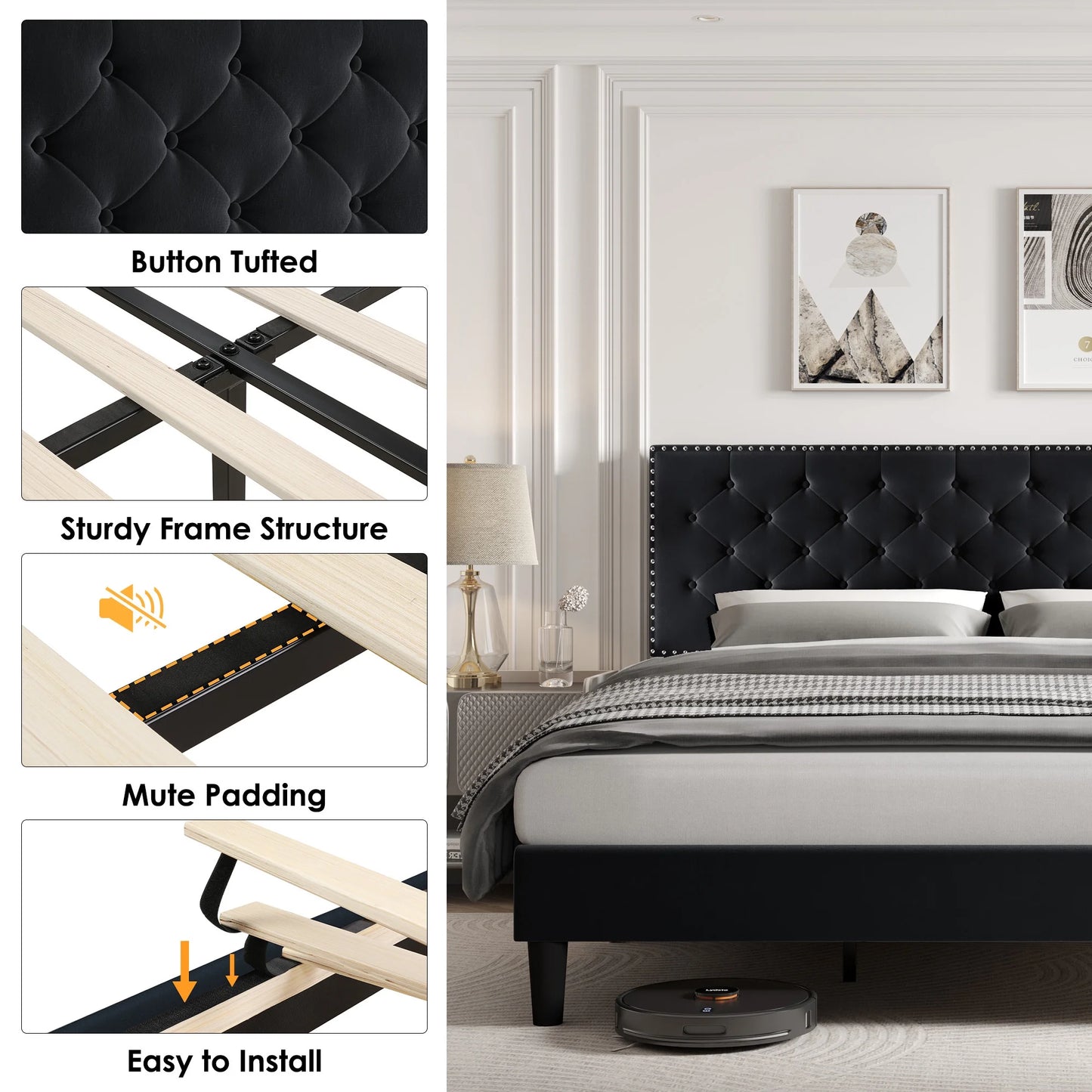 Queen Size Bed, Upholstered Bed Frame with Button Tufted Adjustable Headboard for Bedroom, Black