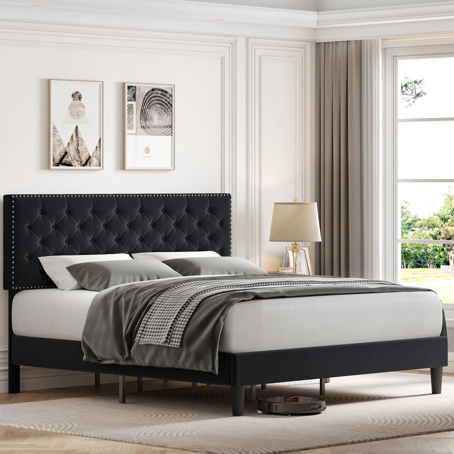 Queen size upholstered bed frame with button tufted adjustable headboard in black bedroom setting.
