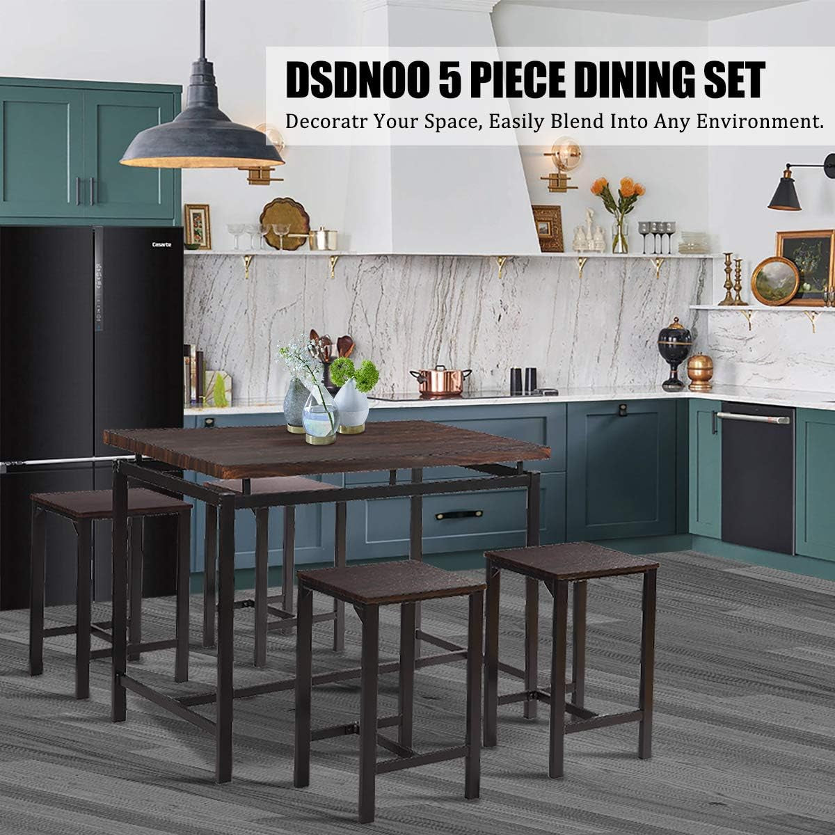 5 Pcs Dining Table Set, Counter Height Dining Table Set for 4, Wooden Bar Height Dining Table & Bar Stools, Bar Table and Chairs Set, Kitchen Dining Table Set for Pub/Dining Room