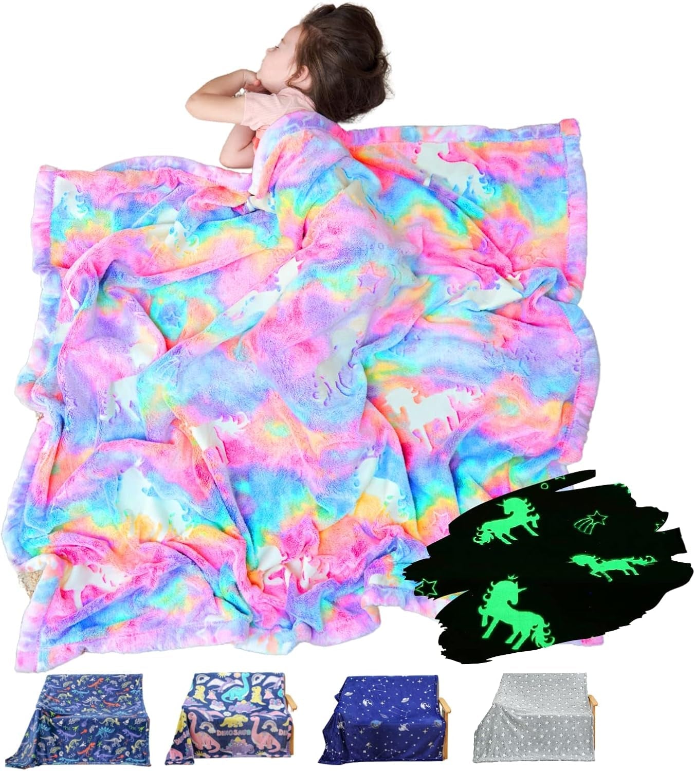 Rainbow unicorn glow in the dark blanket for kids, soft furry fuzzy plush throw, colorful and cozy children's blanket.
