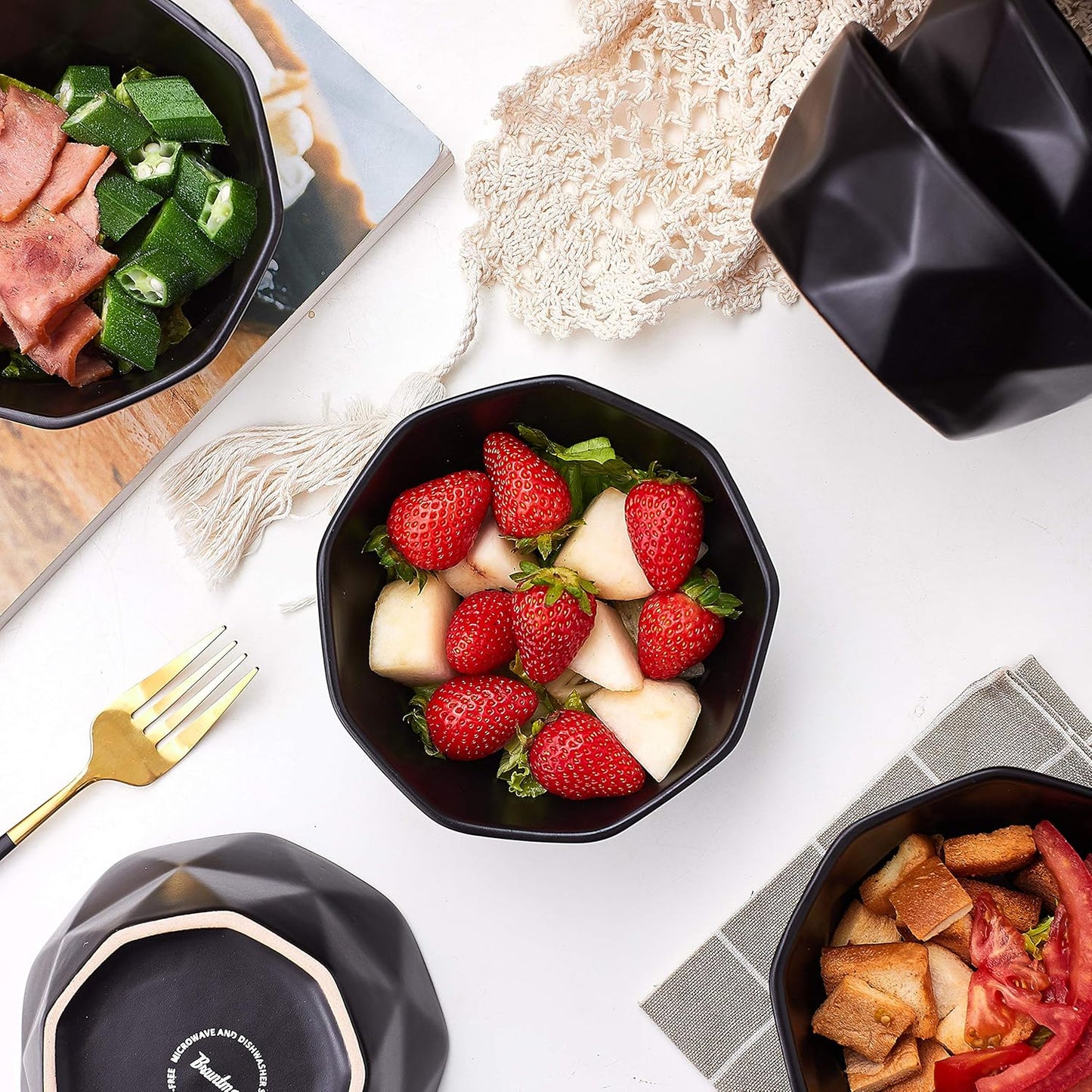 Geometric Ceramic Bowls - Oven to Table Bakeware Bowls - Elegant 60 Oz Matte Serving Bowls for Soup, Cereal, Salads, Pasta, Dessert & Snack Bowls - Oven Safe Bake and Serve Bowls (Black)