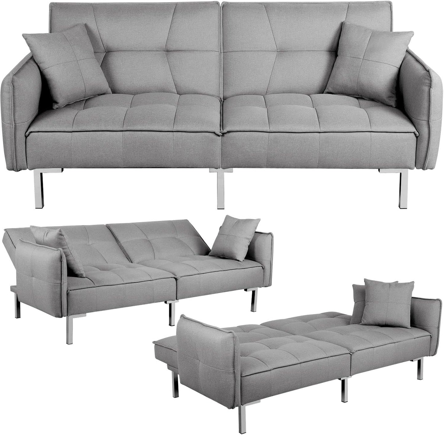 Sleeper sofa couch bed, modern convertible futon, gray linen fabric, adjustable recliner for living room.