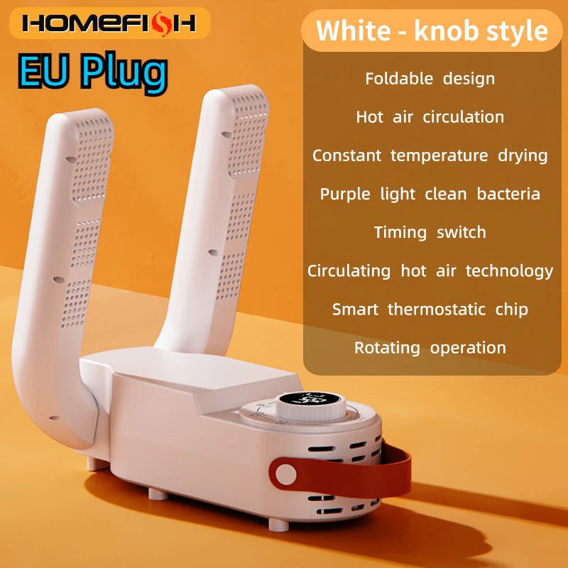 Q1 Intelligent Timer Shoe Dryer with quick drying, deodorizing, sterilizing features, EU plug, white knob style.