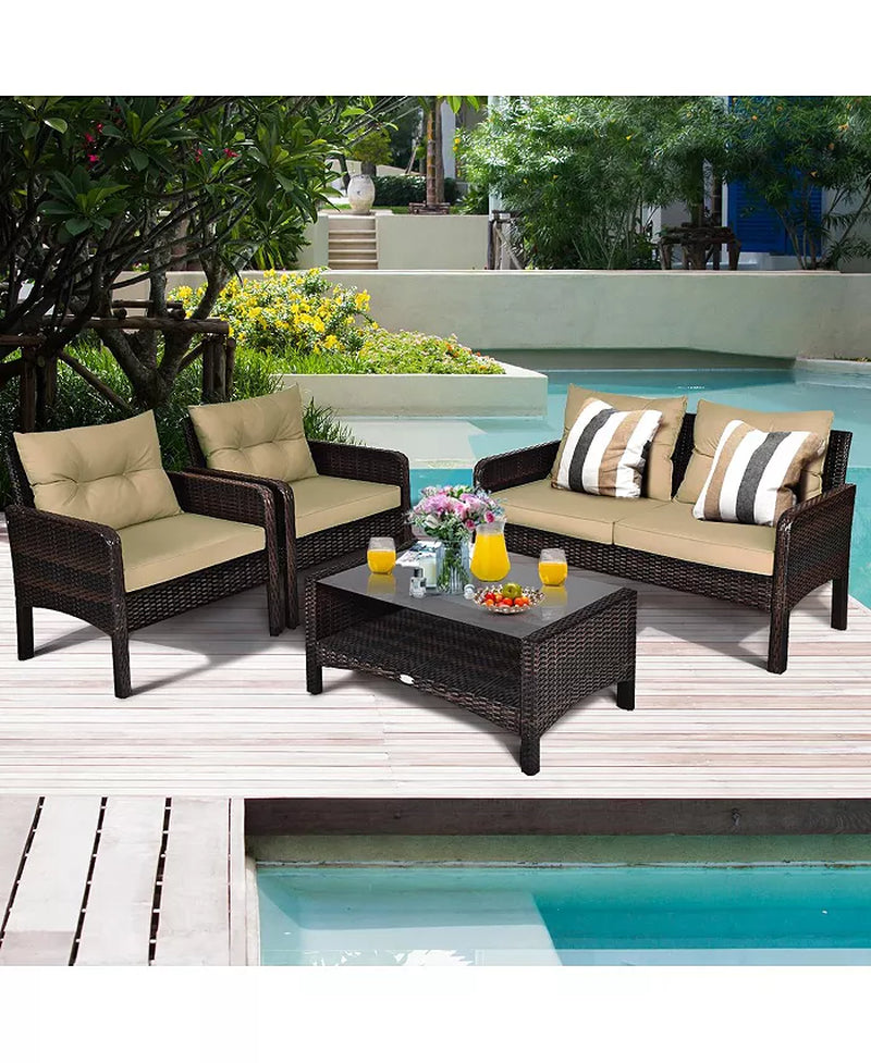4PCS Rattan Patio Furniture Set with Loveseat Sofa Chairs Coffee Table