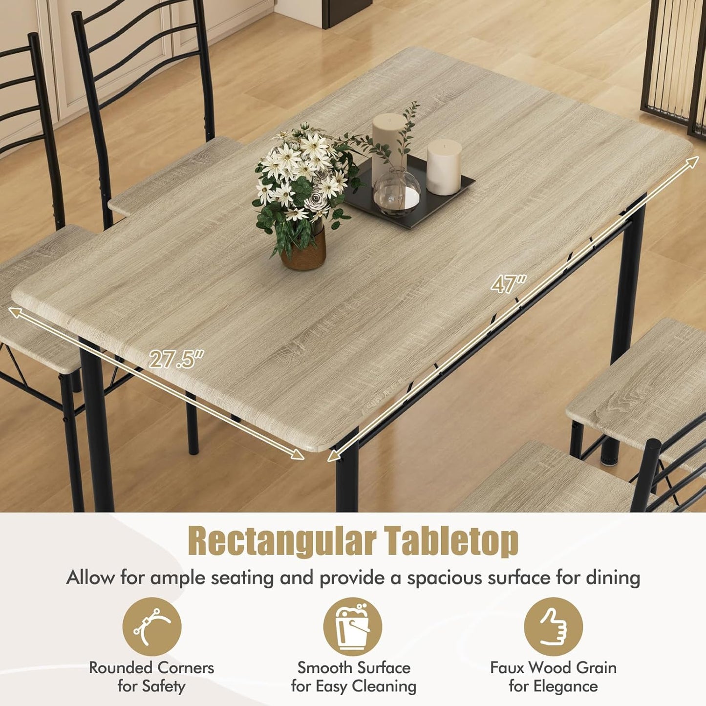 Dining Table Set for 4, 5-Piece Kitchen Table Chairs Set of 4, Breakfast Nook with Kitchen Table, 4 Dining Chairs, Metal Frame, Space-Saving Dinette Table Set for 4, Small Space, Apartment
