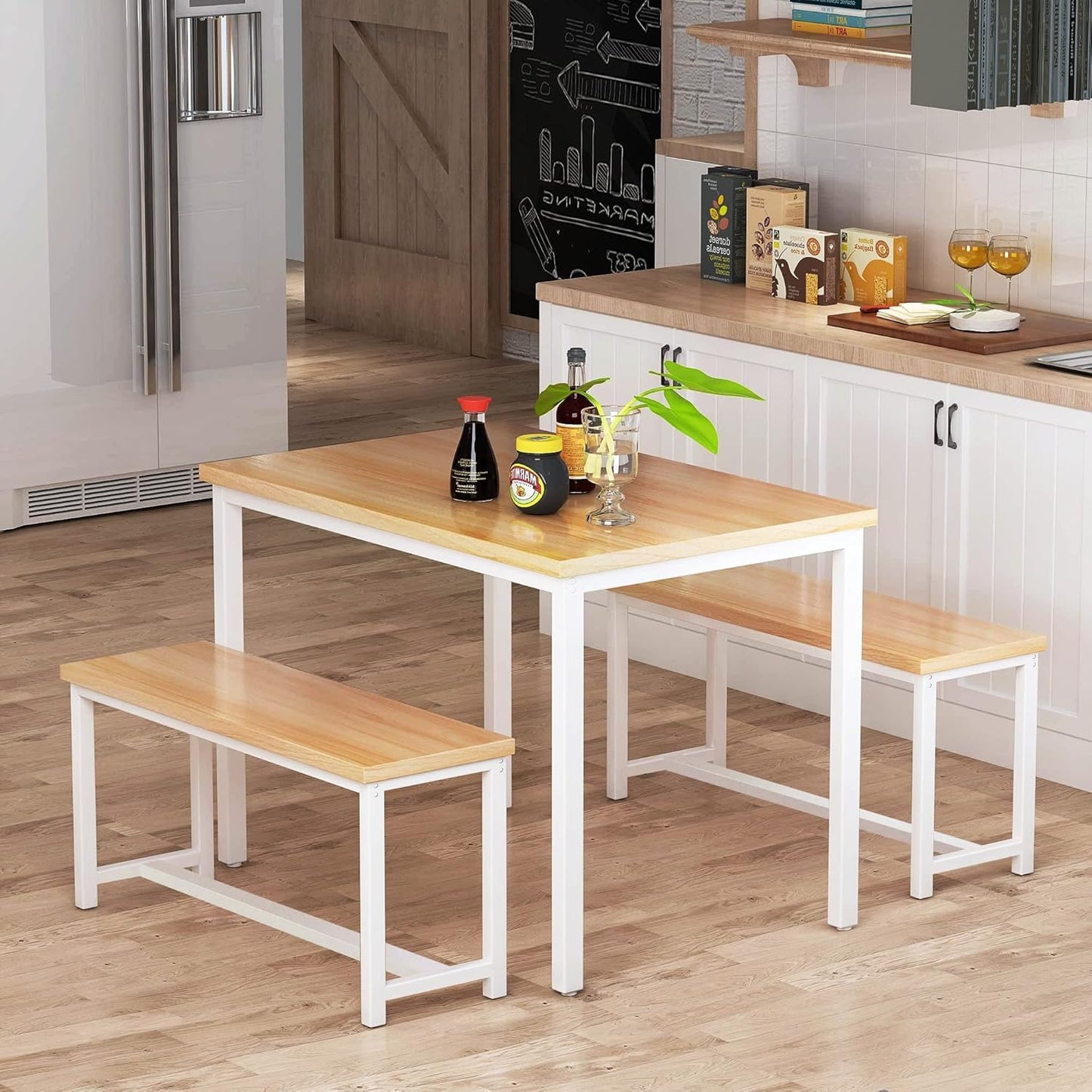 Dining Room Table Set, Kitchen Table Set with 2 Benches, Ideal for Home, Kitchen and Dining Room, Breakfast Table of 47.2X28.7X28.7 Inches, Benches of 41.3X11.8X17.7 Inches, Beige
