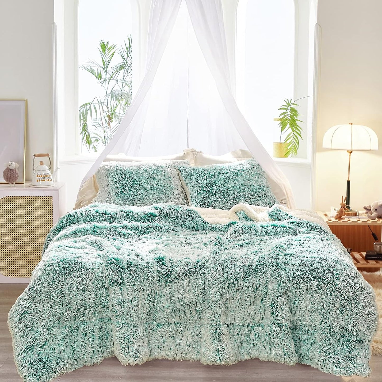 King size aqua green plush shaggy comforter set with faux fur and sherpa, ultra-cozy reversible bedding for winter.