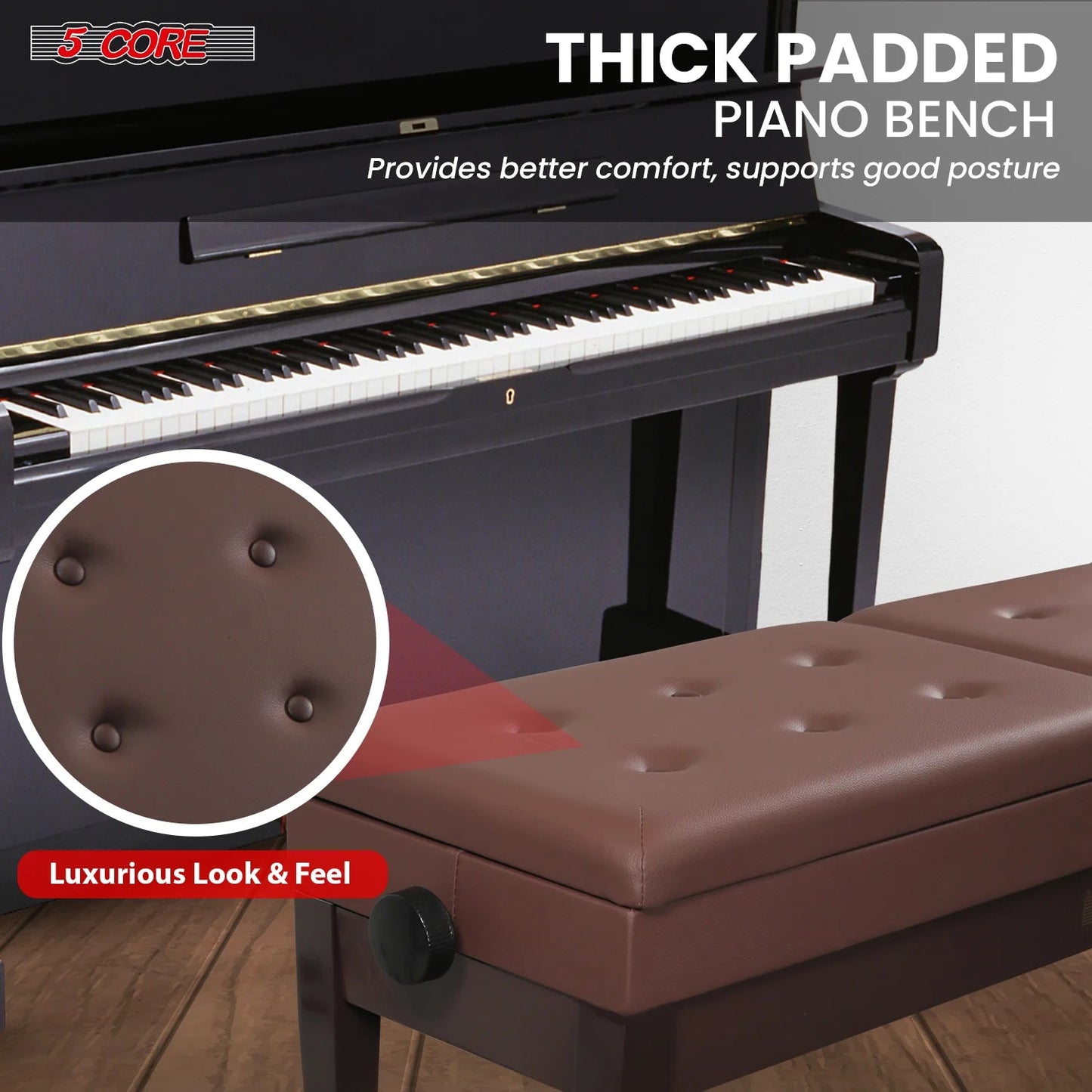Wooden Adjustable Duet Piano Bench with Storage for Two