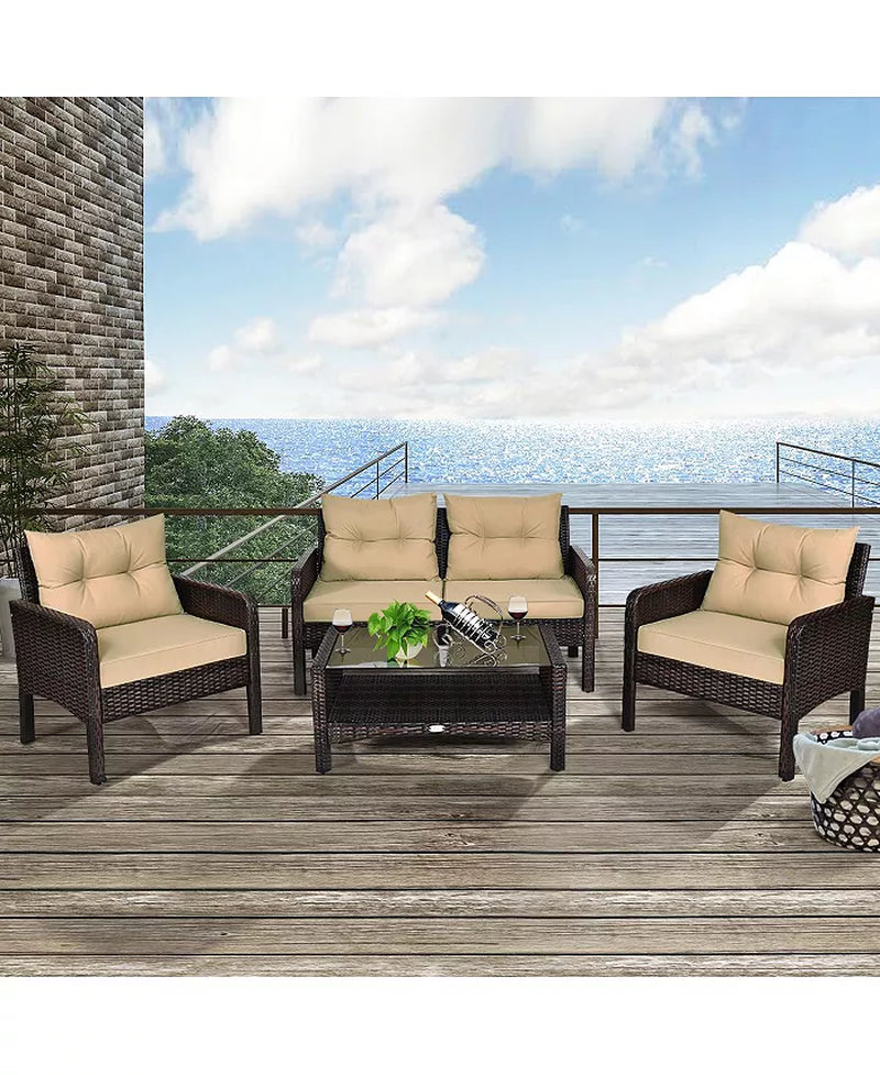 4PCS Rattan Patio Furniture Set with Loveseat Sofa Chairs Coffee Table