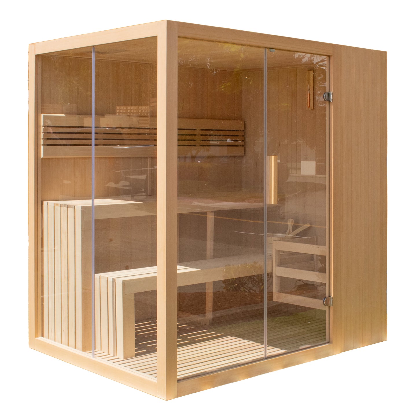 4-6 person Canadian Hemlock indoor sauna with UL heater, natural wood finish.