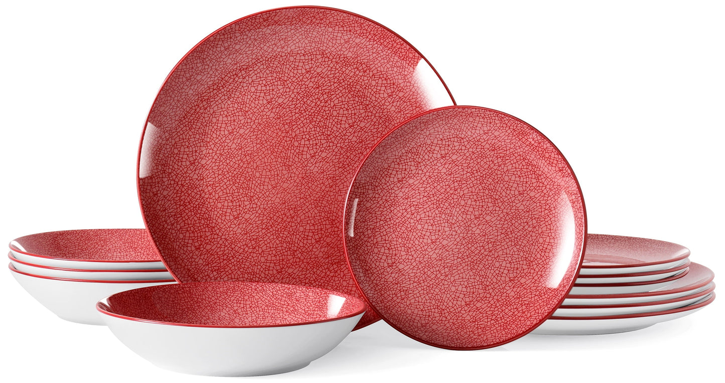 12 Pieces Red Porcelain Dinnerware Set for 4, including plates and bowls.