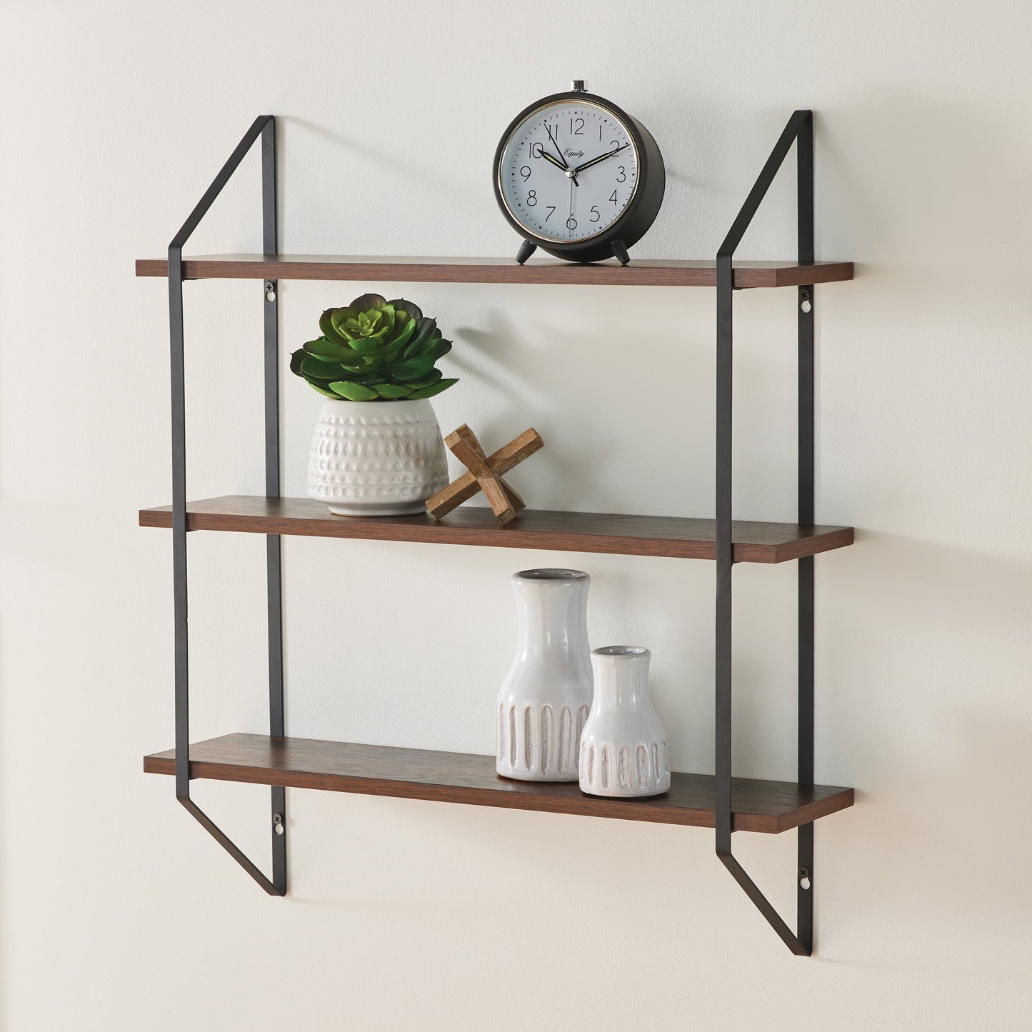 3-tier wood bracket shelves with walnut finish and black metal brackets.
