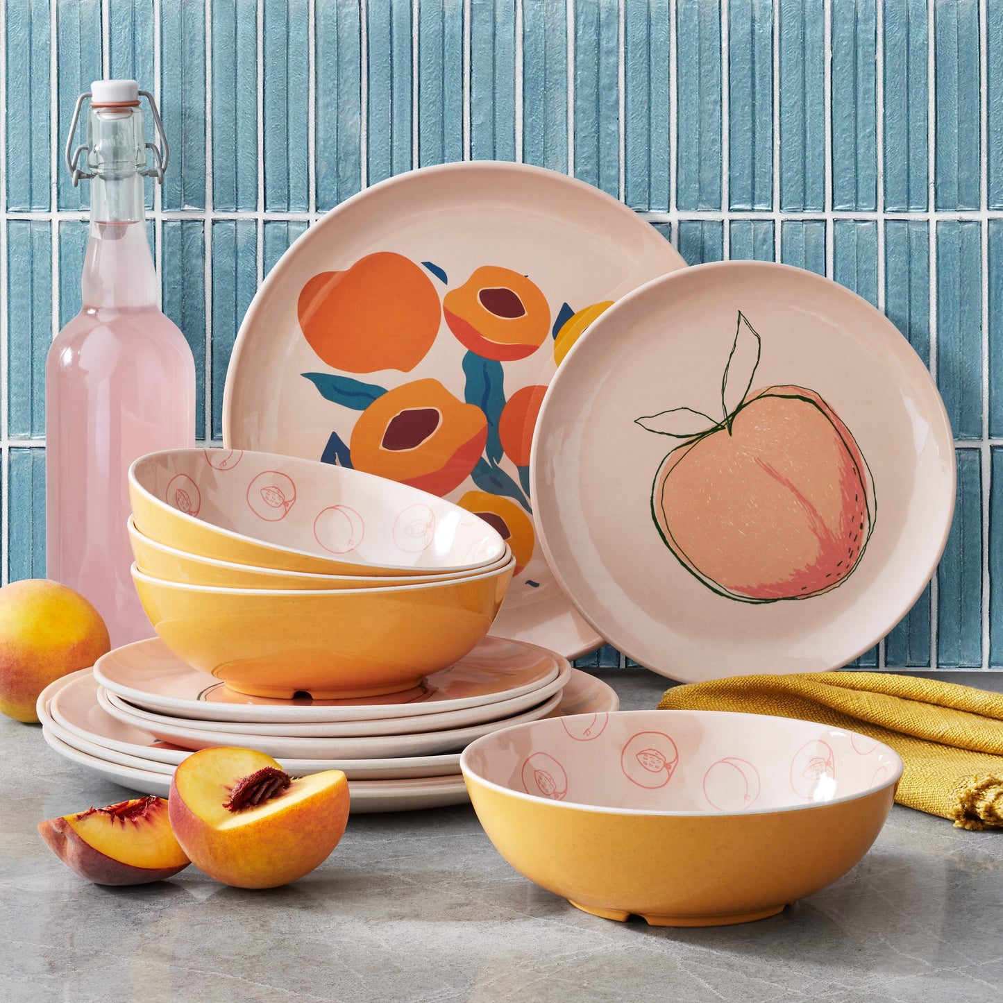 12-piece bamboo melamine dinnerware set with peach pattern, featuring dinner plates, salad plates, and bowls.