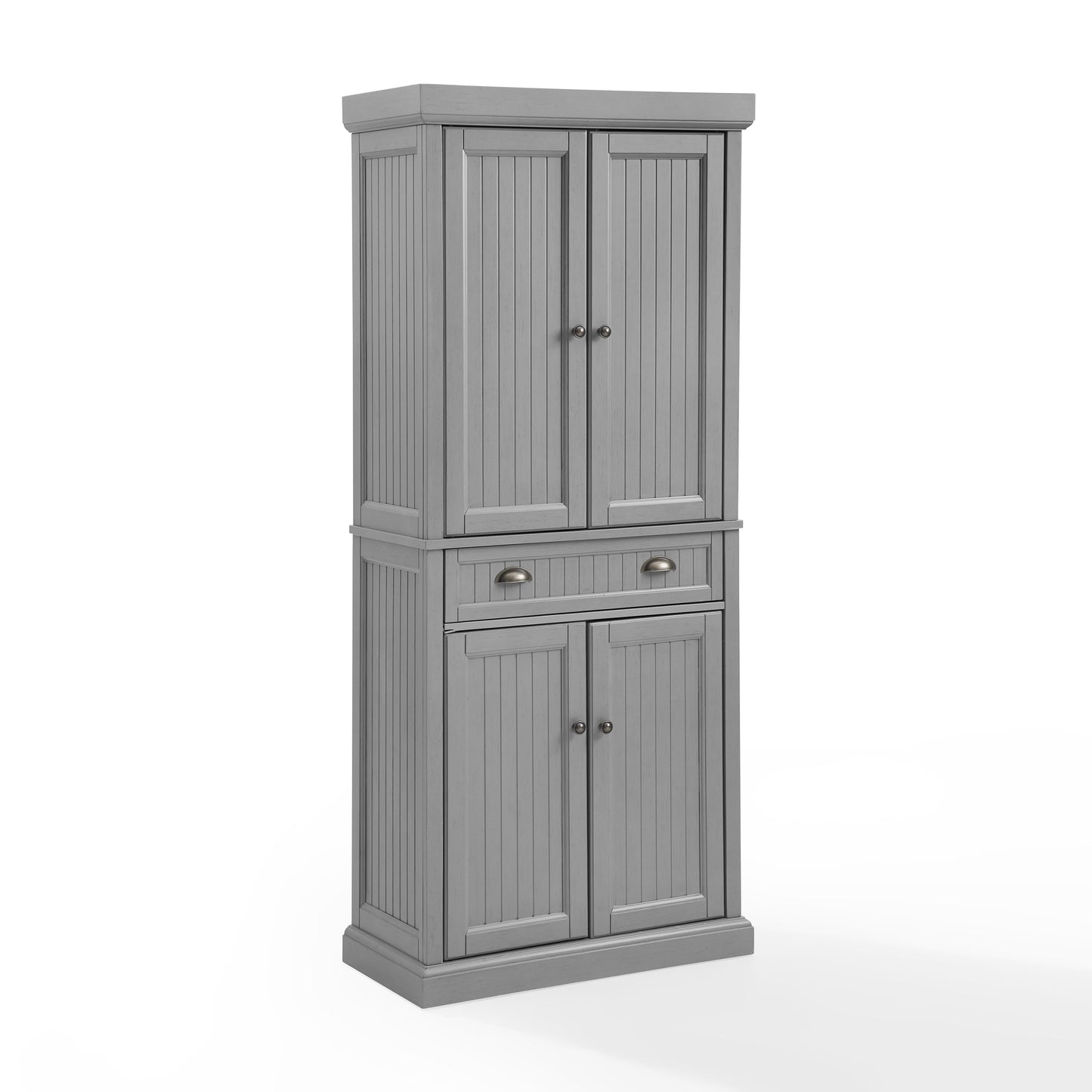Seaside Coastal Wood/Metal Pantry in distressed gray with gold hardware and beadboard paneling.