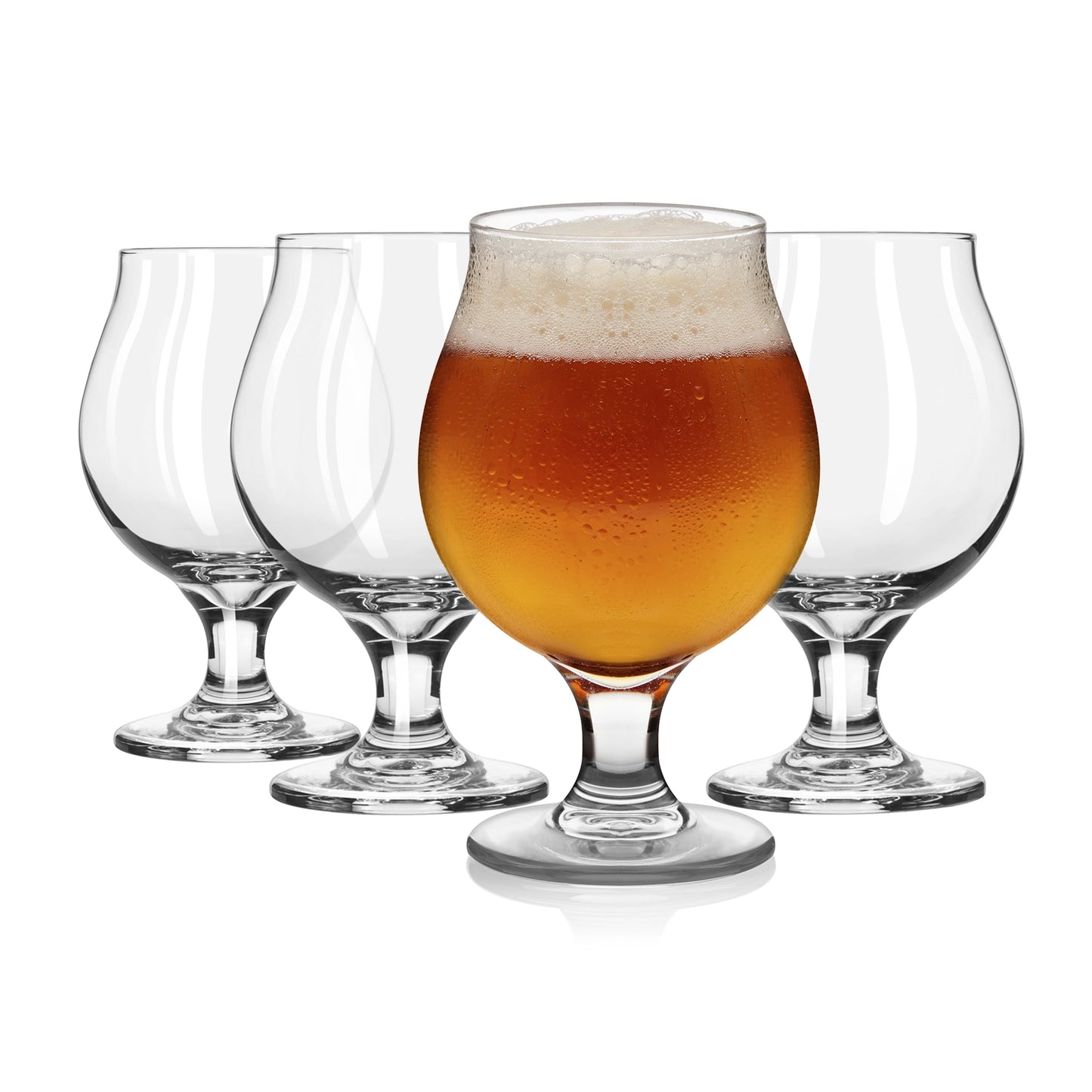 Set of four Craft Brews Classic Belgian Beer Glasses with tulip design, each 16 oz, perfect for enhancing aroma and flavor; dishwasher safe.