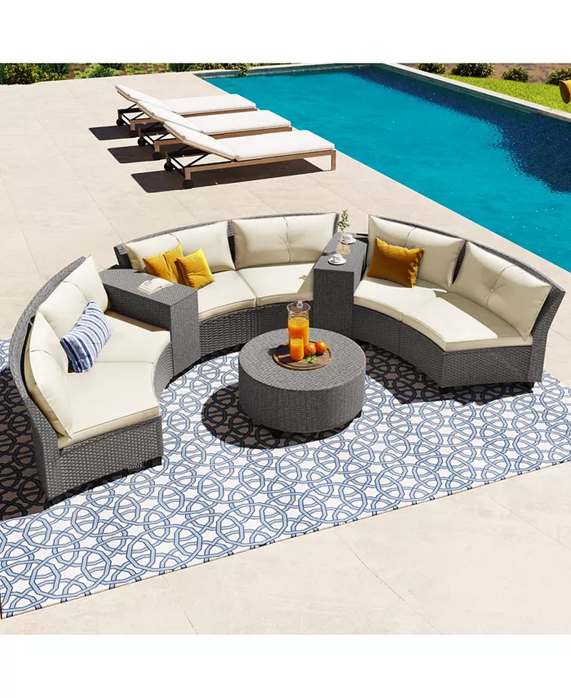 6 Person Fan-Shaped Rattan Suit Combination Patio Furniture by pool with semicircle design and cushions.
