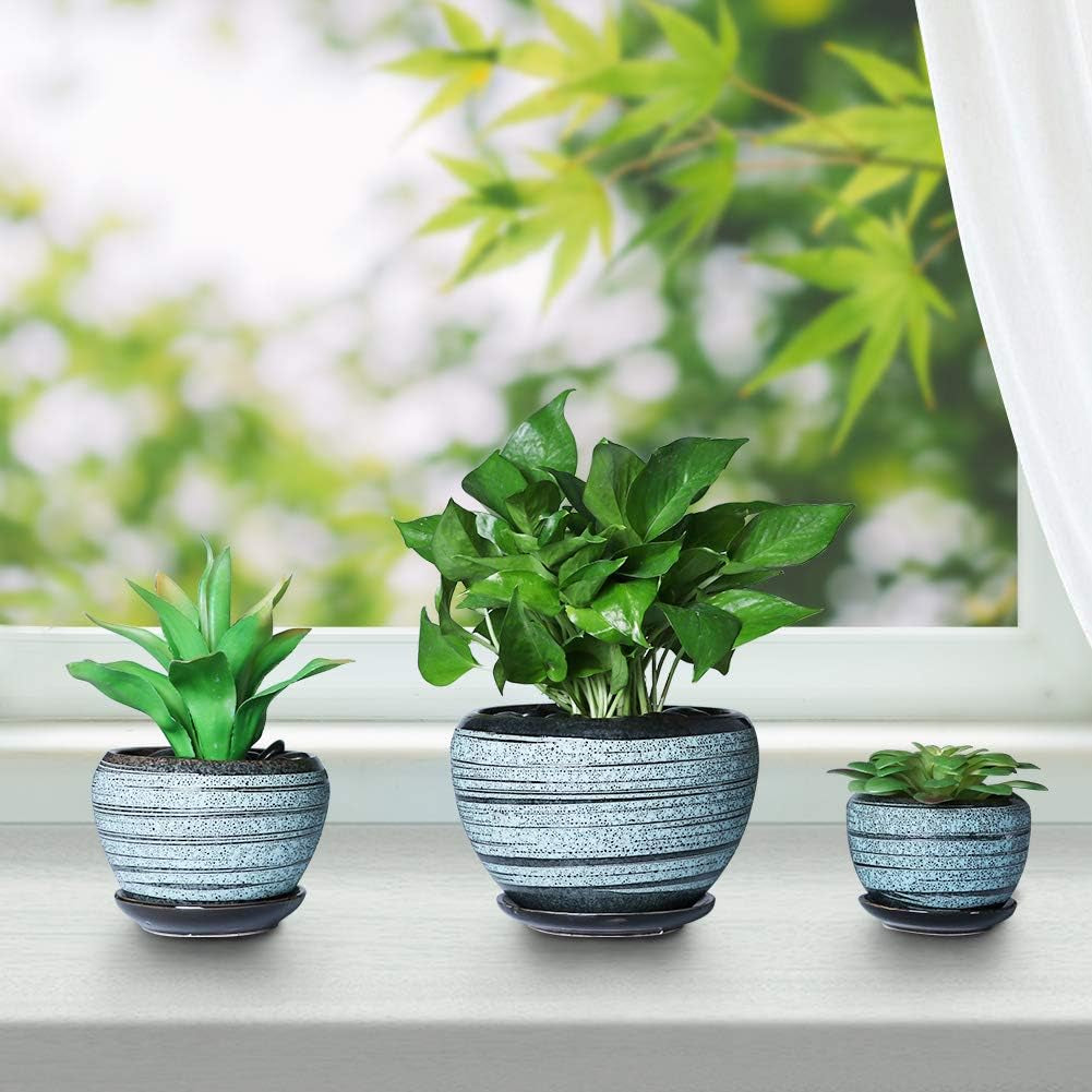 Blue Flower Pots round Ceramic Succulent Herbs Planters Small to Medium Sized with Connected Saucers for Home Balcony Office Set of 3 Indoor Outdoor