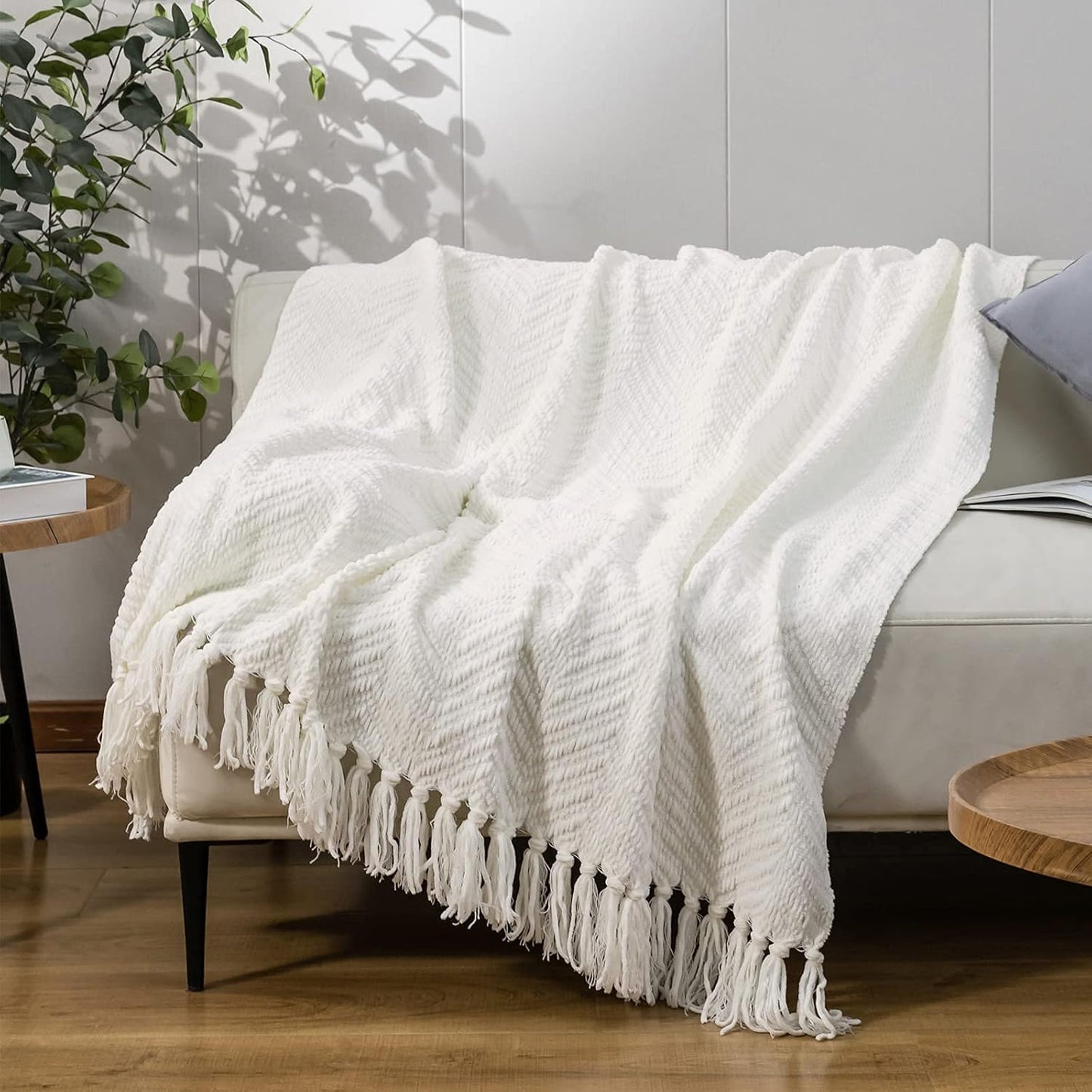 Panku Decorative Herringbone Faux Cashmere Blanket Throw with Fringe, Lightweight Soft Cashmere like Chevron Throw Blanket with Tassels for Couch Sofa Chair, Farmhouse Boho Blanket 50X60 Cream Old