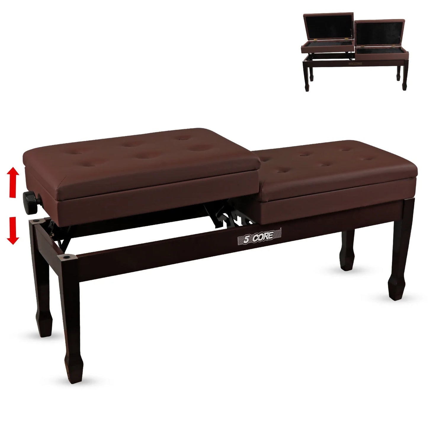 Wooden adjustable duet piano bench with storage, brown color, thick padded cushioned seat, ideal for two pianists.