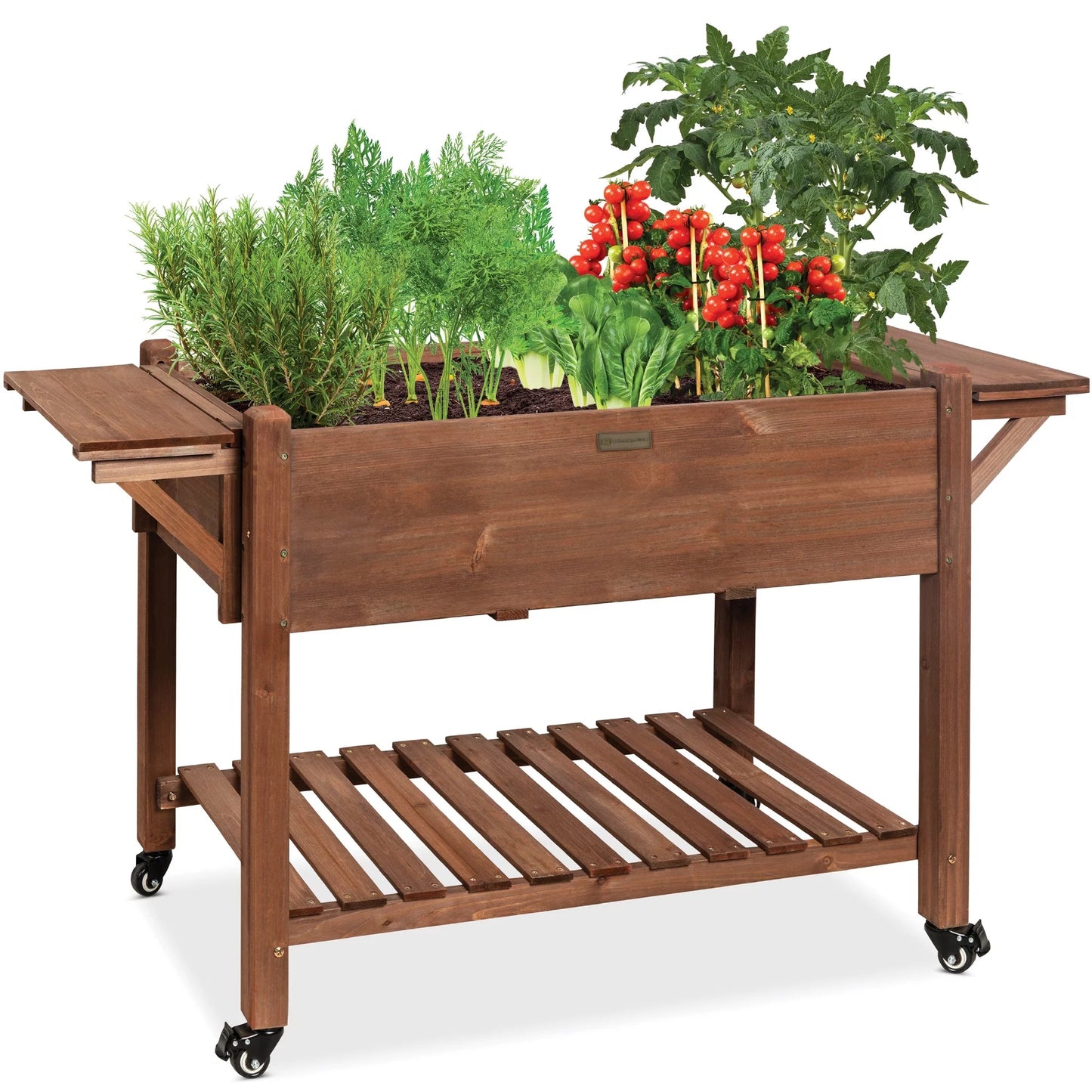 57x20x33in mobile raised garden bed with folding side tables, elevated wood planter box, wheels, and drainage holes.