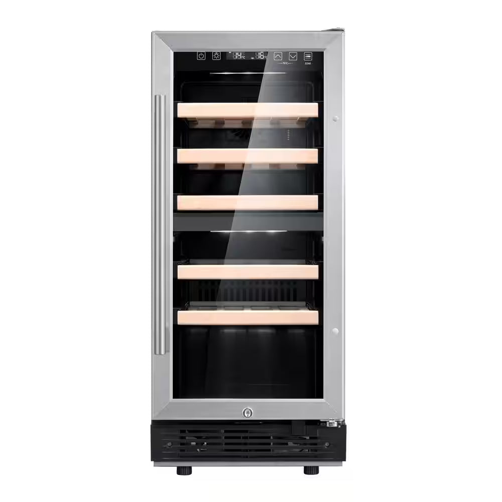 15-inch stainless steel dual zone wine cooler with 27-bottle capacity, customizable temperature, and LED lighting.