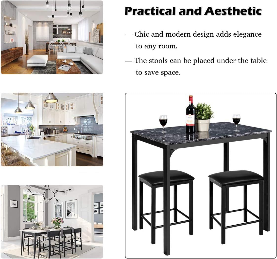 3 Pcs Dining Table and Chairs Set with Faux Marble Tabletop 2 Chairs Contemporary Dining Table Set for Home or Hotel Dining Room, Kitchen or Bar (Black)