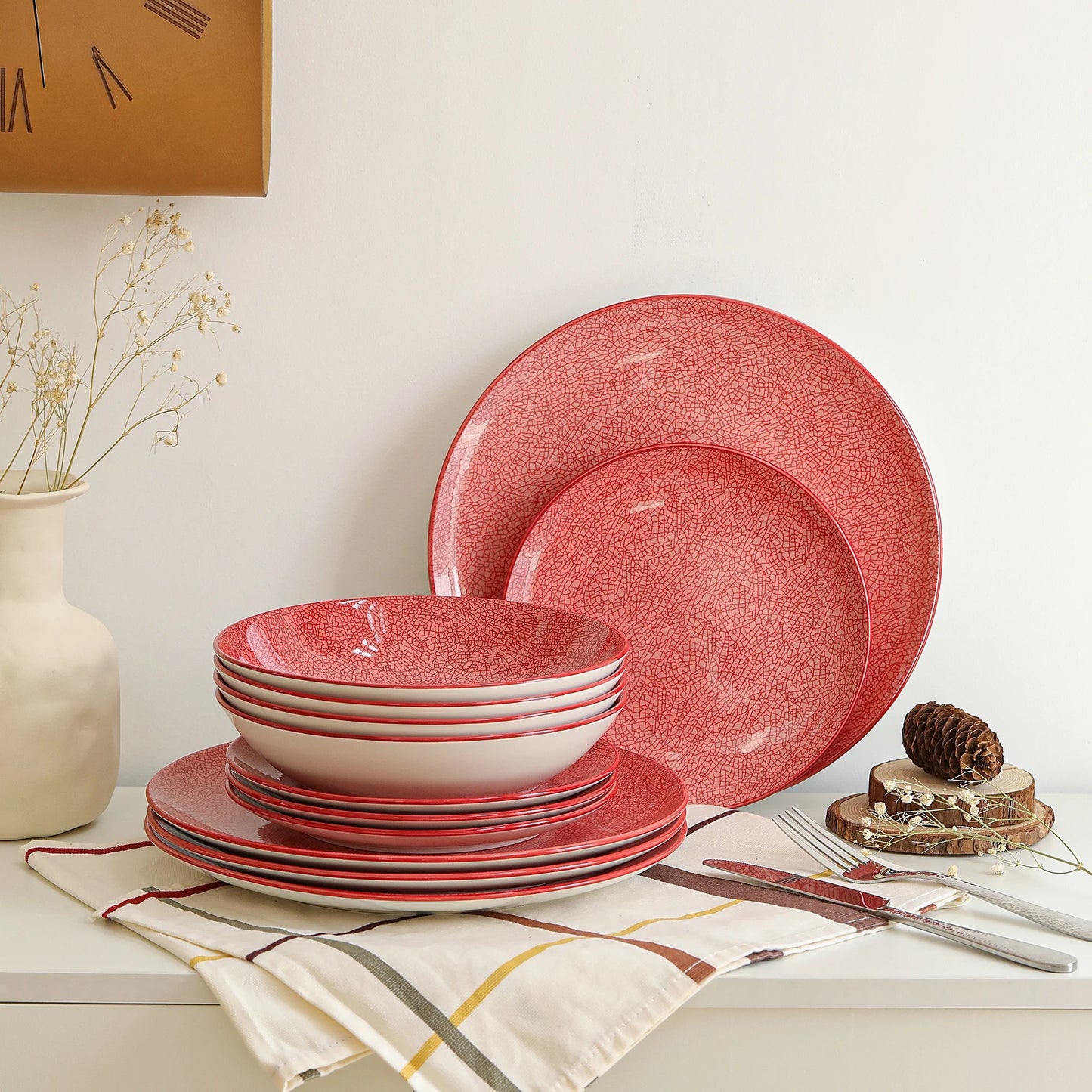 12 Pieces Porcelain Dinnerware Set, Service for 4, Red