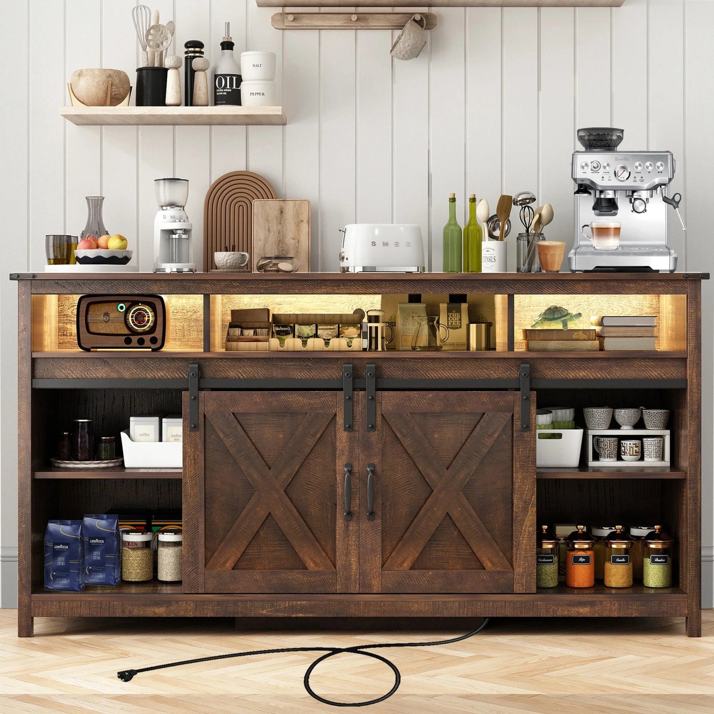 Farmhouse coffee bar cabinet with LED light, power outlets, and barn door design for kitchen storage.