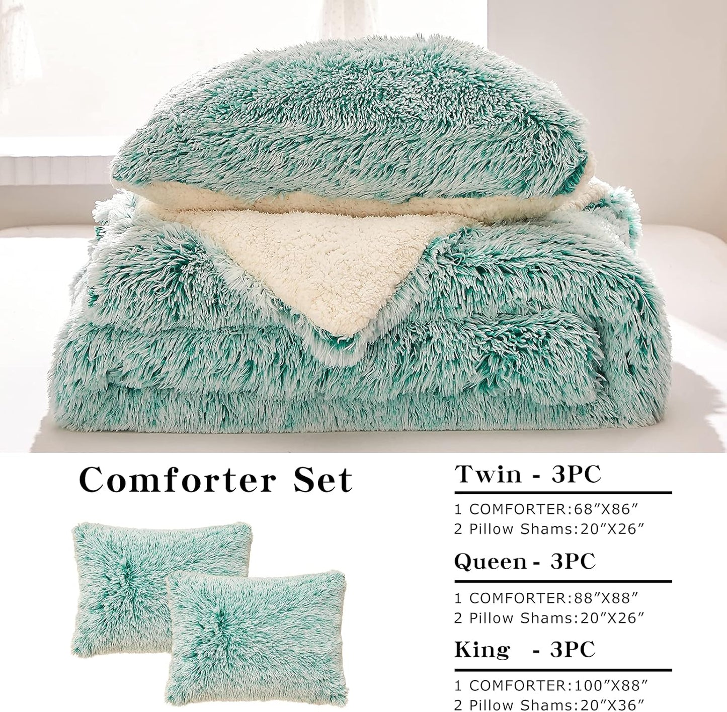 3-Piece Plush Shaggy Comforter Set, King Size Luxury Faux Fur Sherpa Reversible Bedding Comforter Set, Ultra Cozy Warm Fluffy Bedding Set for Winter (Aqua Green N White, 100X88 Inches)