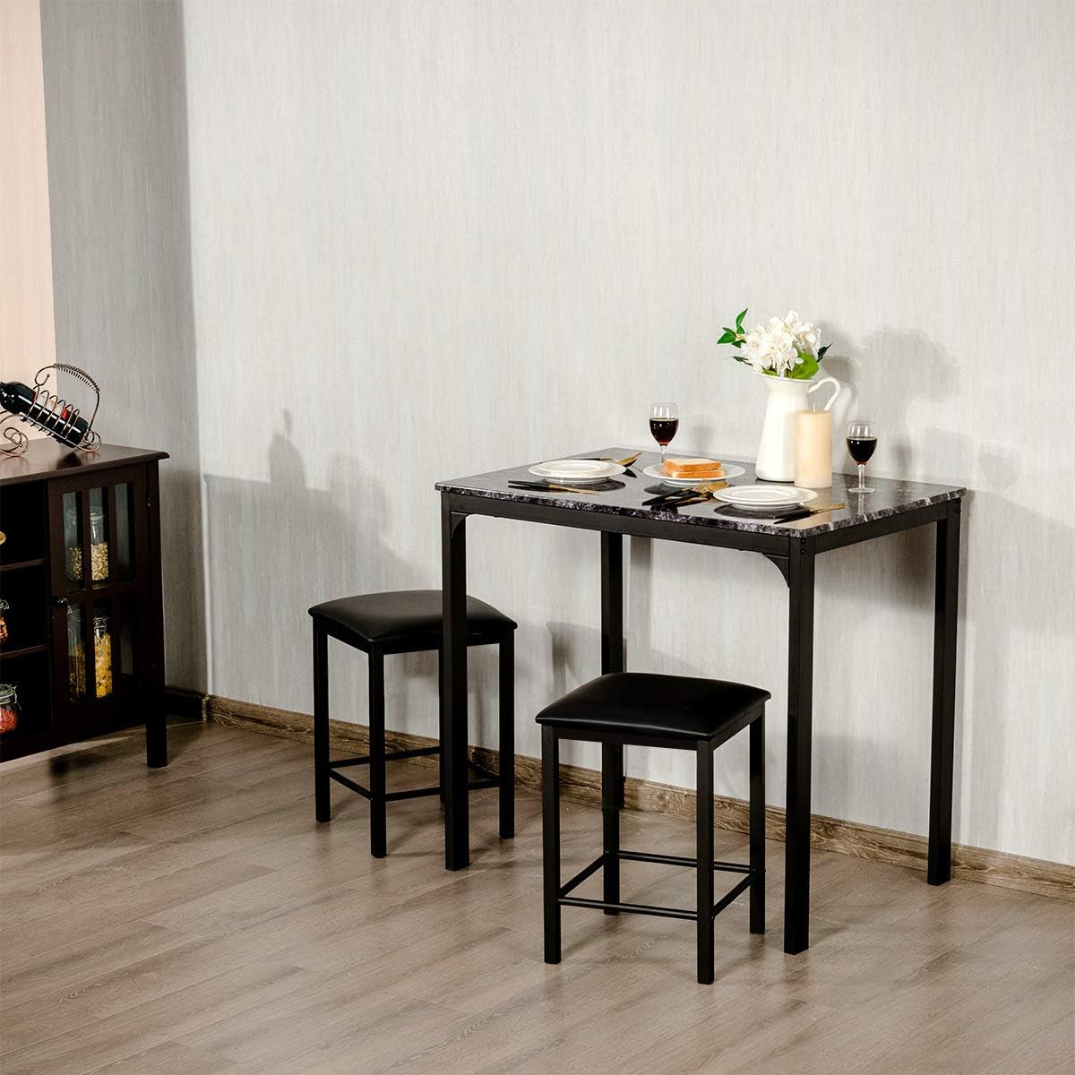 3 Pcs Dining Table and Chairs Set with Faux Marble Tabletop 2 Chairs Contemporary Dining Table Set for Home or Hotel Dining Room, Kitchen or Bar (Black)