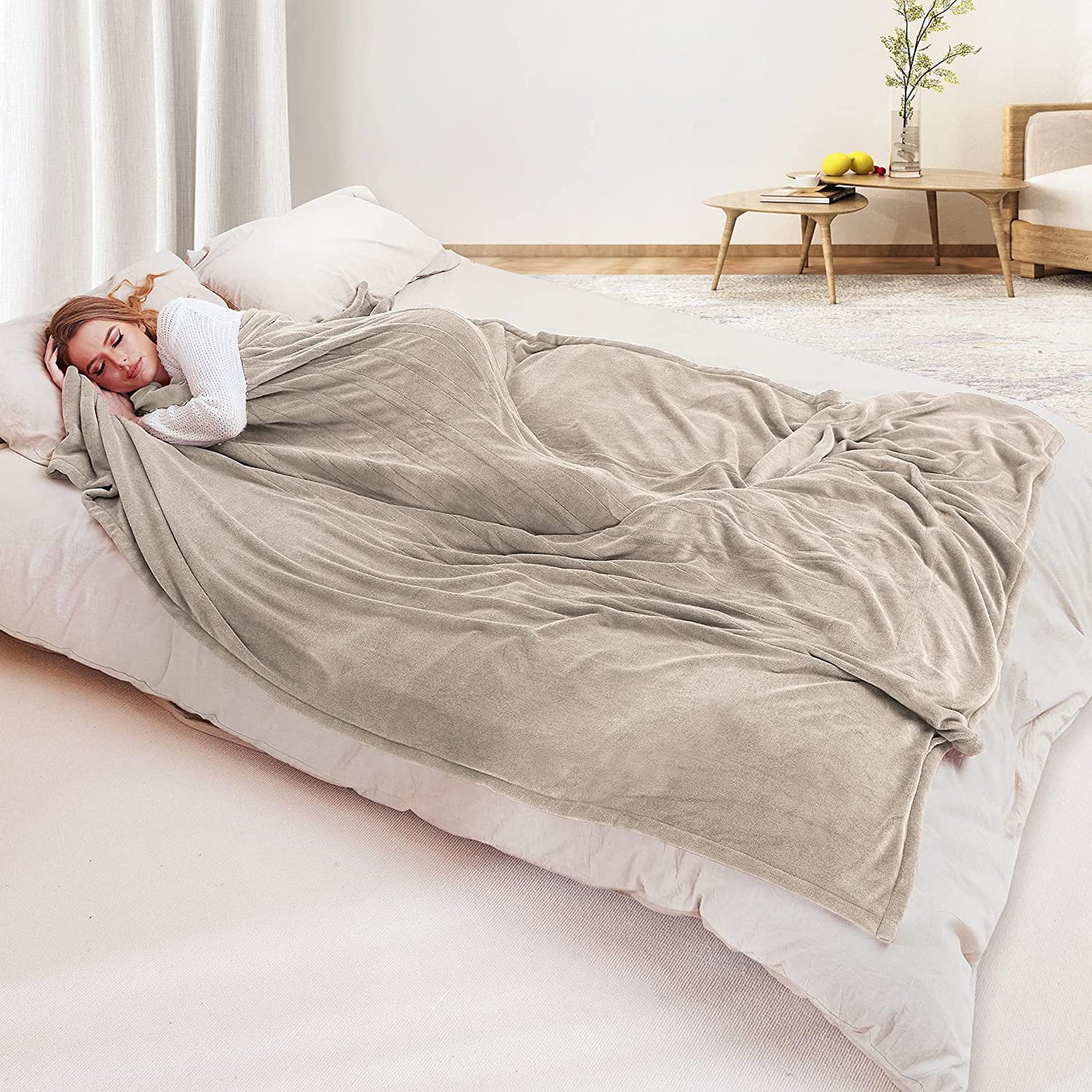 Electric Heated Blanket Coral Fleece 62" X 84" Twin Size-4 Heating Settings & 10 Hours Auto Off, Cozy Fabric Machine Washable-Beige
