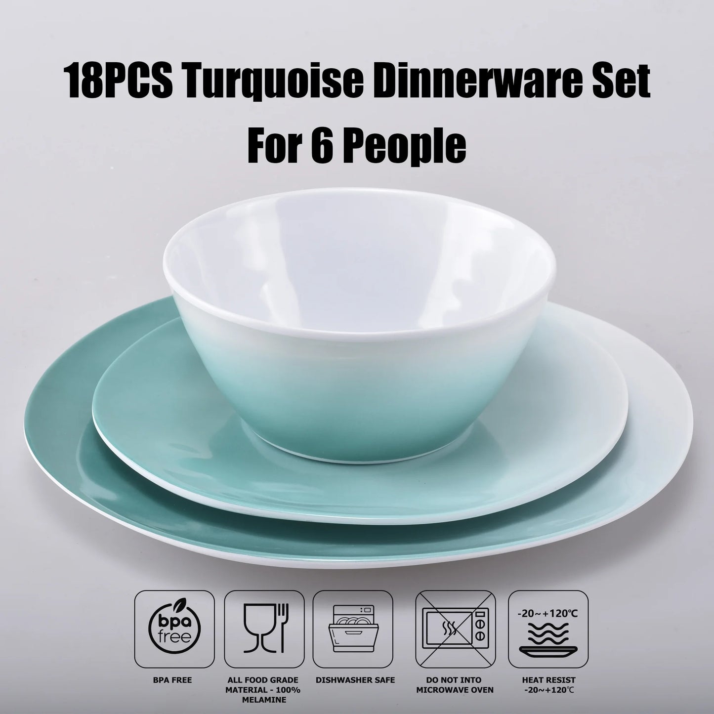 18-Piece Teal Turquoise Ombre Melamine Dinnerware Sets for 6,Outdoor Plates and Bowls Sets