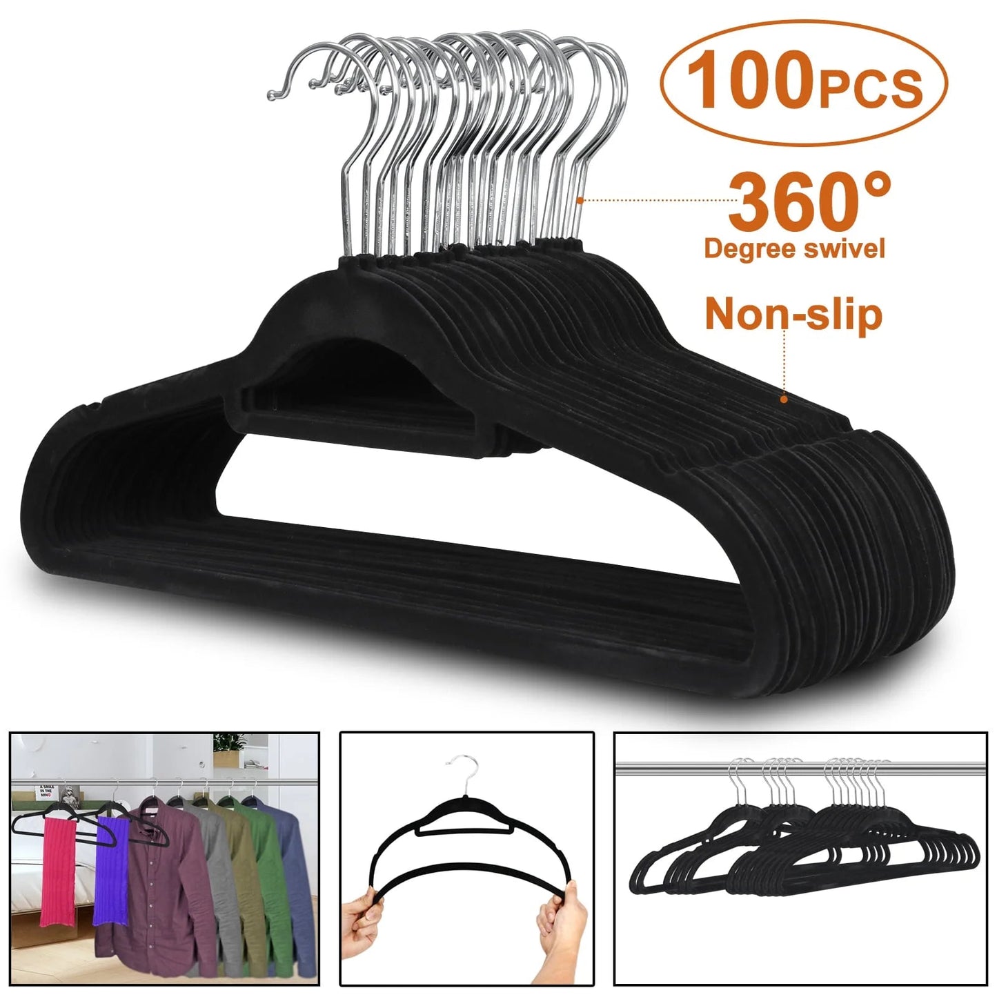 Black slip-resistant velvet flocked hangers with 360° swivel hooks, ultra-thin design, 100 pack.