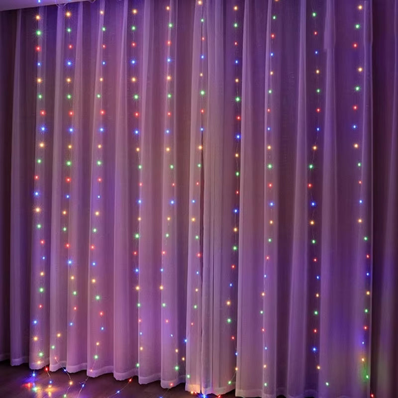USB Festoon String Light Fairy Garland illuminating a curtain for festive occasions.