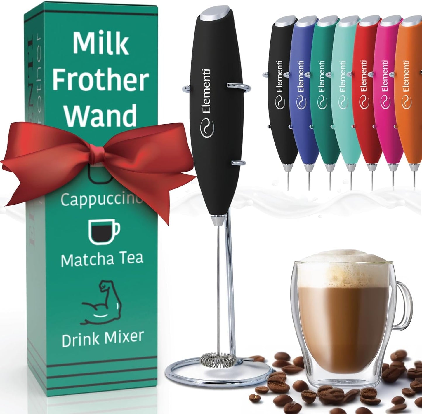 Electric milk frother handheld mixer, black, with stand for coffee and matcha foam.