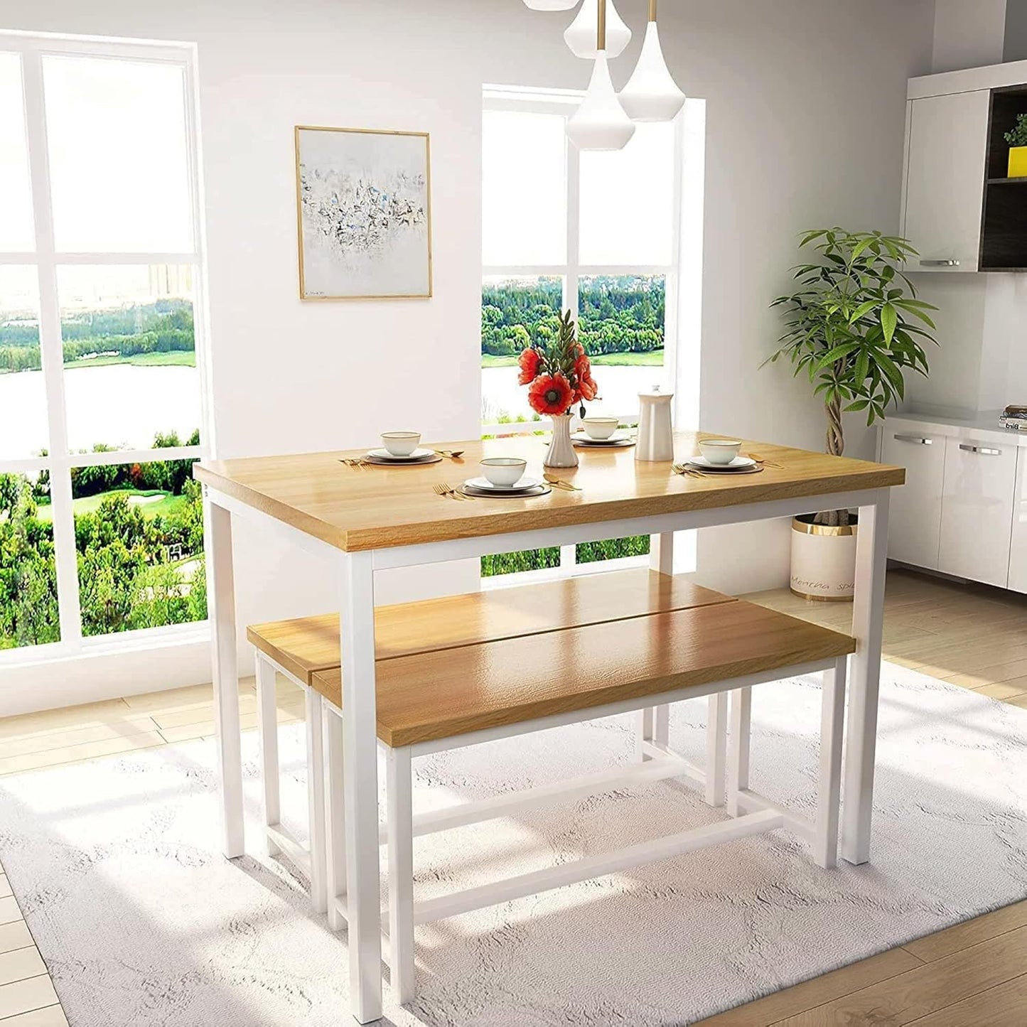 Dining Room Table Set, Kitchen Table Set with 2 Benches, Ideal for Home, Kitchen and Dining Room, Breakfast Table of 47.2X28.7X28.7 Inches, Benches of 41.3X11.8X17.7 Inches, Beige