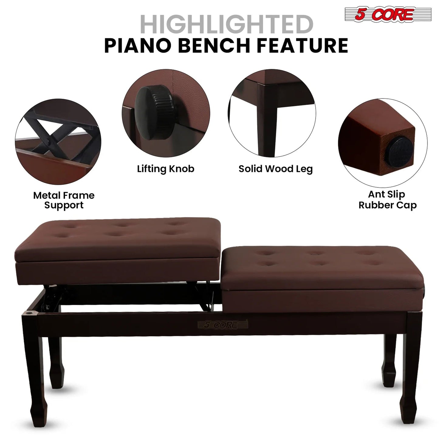 Wooden Adjustable Duet Piano Bench with Storage for Two
