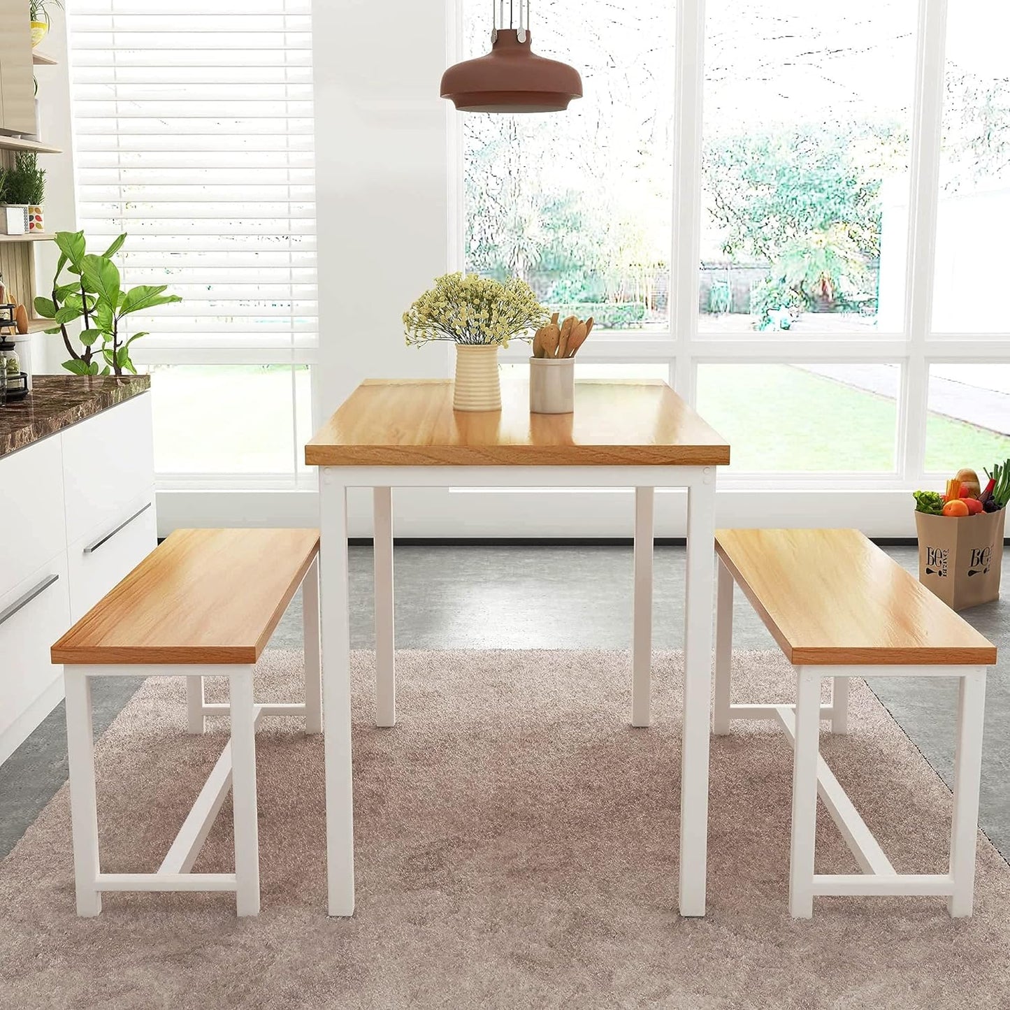 Dining Room Table Set, Kitchen Table Set with 2 Benches, Ideal for Home, Kitchen and Dining Room, Breakfast Table of 47.2X28.7X28.7 Inches, Benches of 41.3X11.8X17.7 Inches, Beige